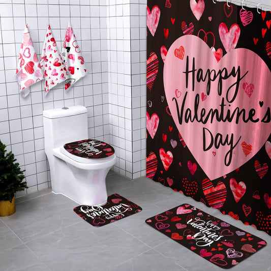 Newwiee 7 Pcs Valentine Shower Curtain Set for Bathroom Sweet Heart Bathroom Sets with 3 Towels Happy Valentine Shower Curtain Nonslip Rugs Toilet Lid Cover Bath Mat(Arrow)