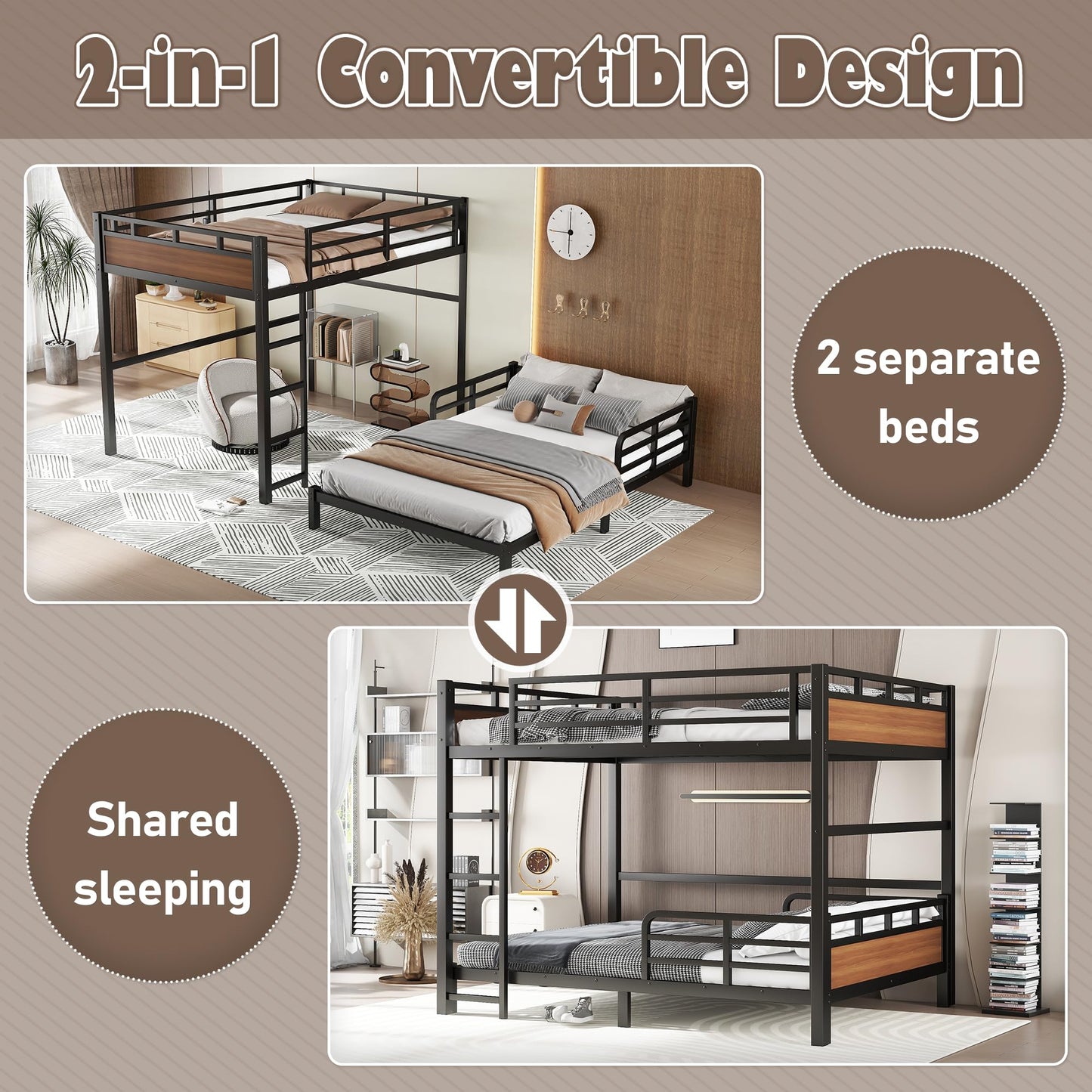 Bellemave Full XL Over Full XL Bunk Bed, Separable Bunk Beds for Kids, Converts to Loft Bed & Platform Bed, Heavy Duty Metal Bunkbed with Guardrails, No Box Spring Needed, Walnut