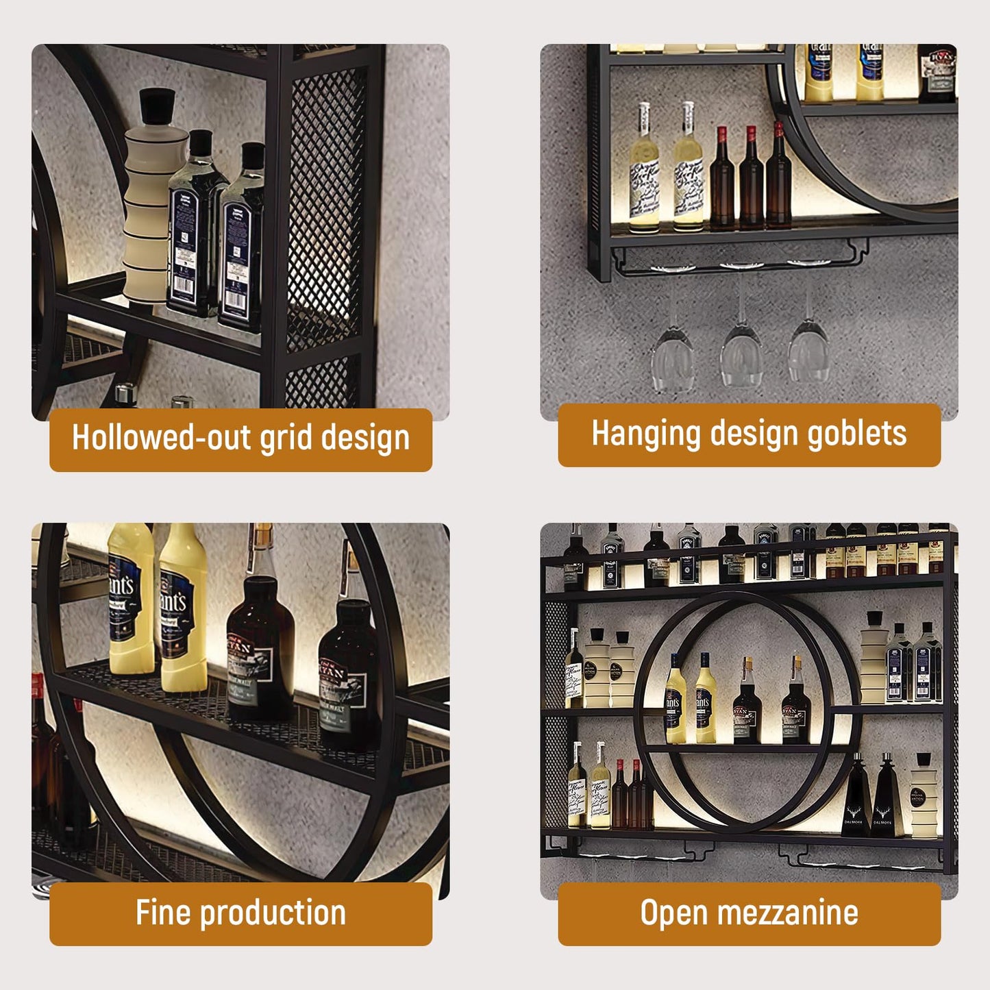 TONGBOSHI Metal Wine Rack Wall Mounted with LED Light, Modern 3-Tier Glass Holder and Stemware Shelves for Kitchen, Bar, Dining Room (Black, 100cm/39.4in)