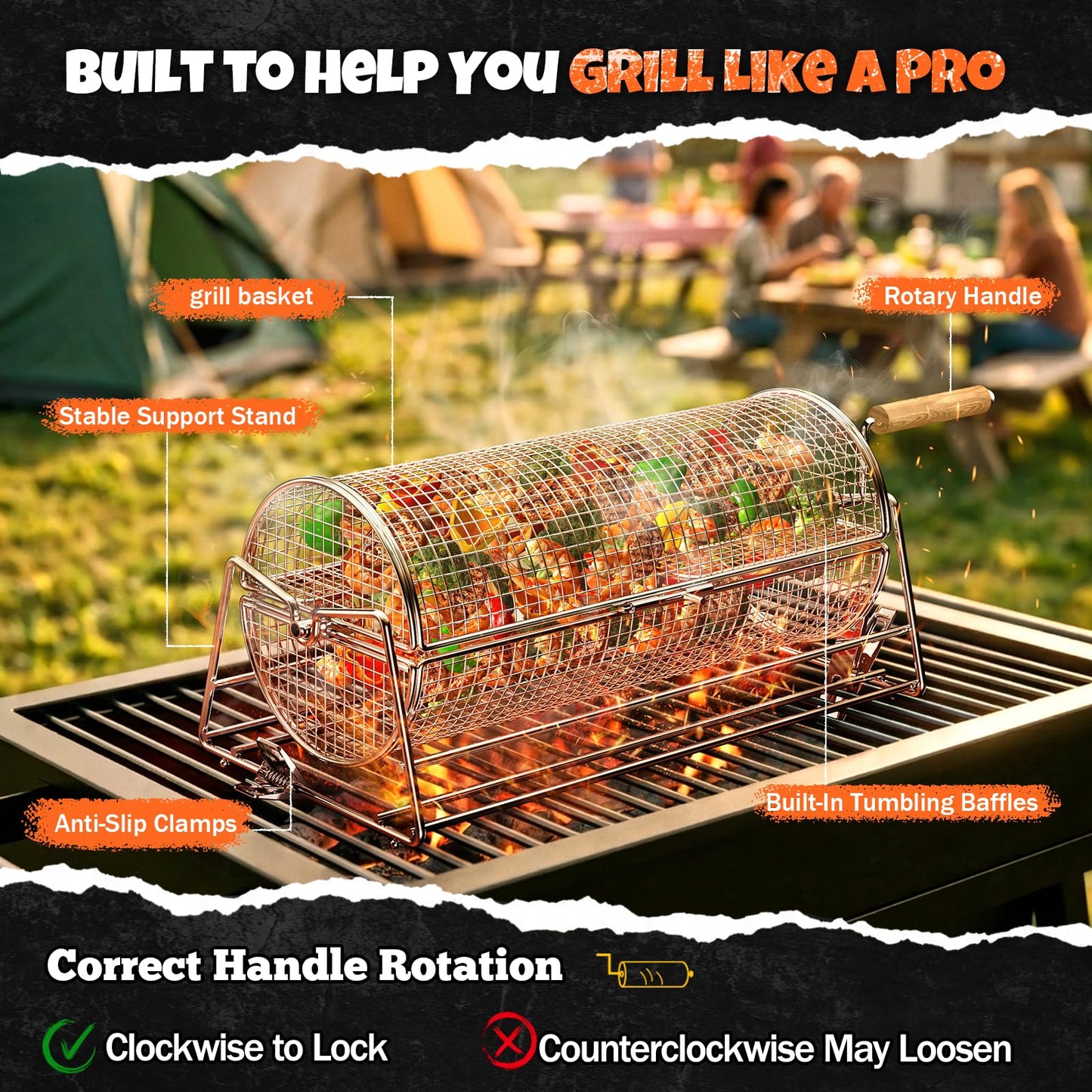 2-in-1 Rolling Grill Basket with Dual Handles, 304 Stainless Steel Rotatable BBQ Basket with Crank Handle & Straight Grip Handle, Grill Net for Vegetables, Shrimp & More, Gift Idea for Men, Dad, Husband
