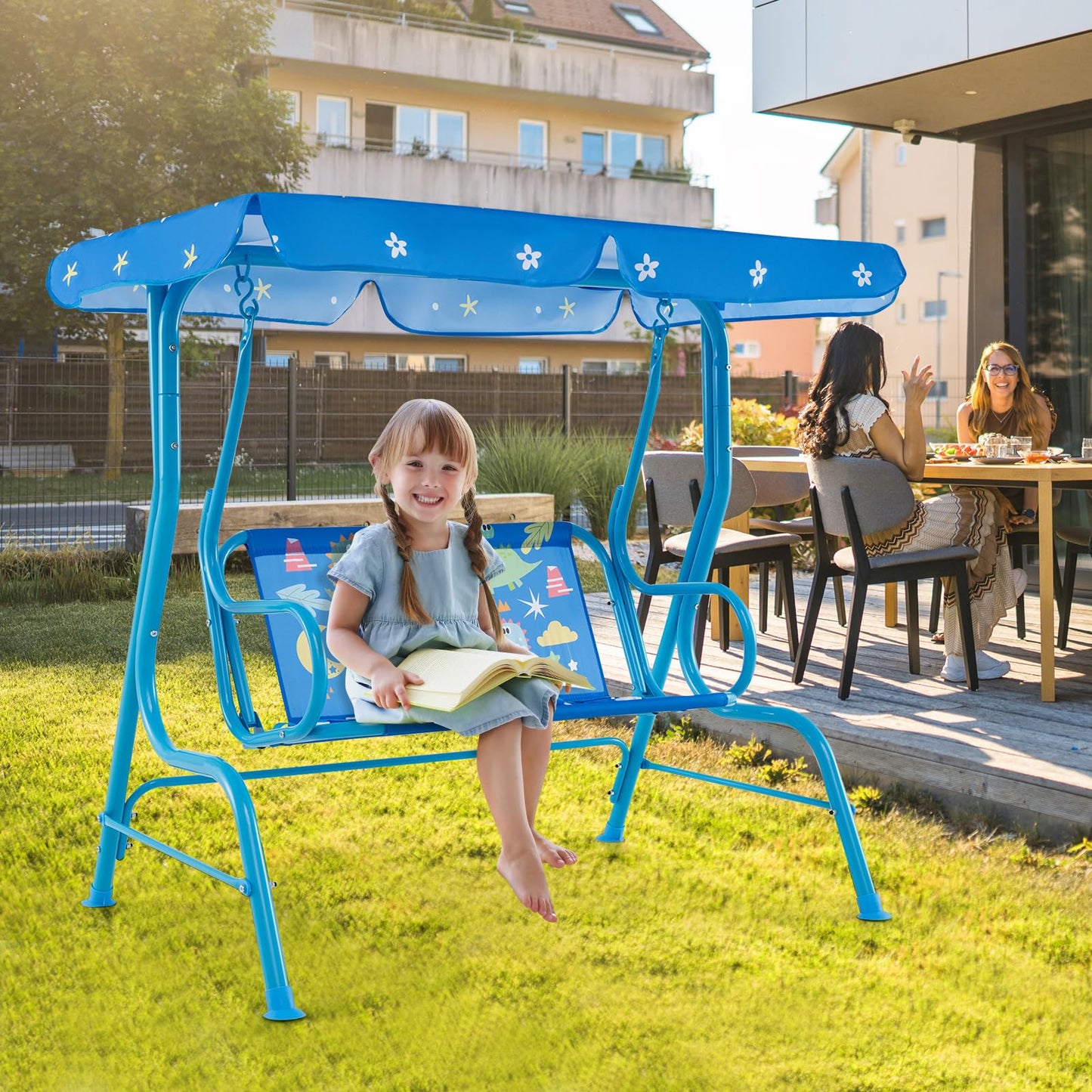 HONEY JOY Kids Patio Swing, 2-Seater Outdoor Porch Swing Lounge Chair, Adjustable Canopy & Safety Belt, All Weather Resistant Waterproof Hanging Swing Bench for Garden Poolside Balcony(Blue Dinosaur)
