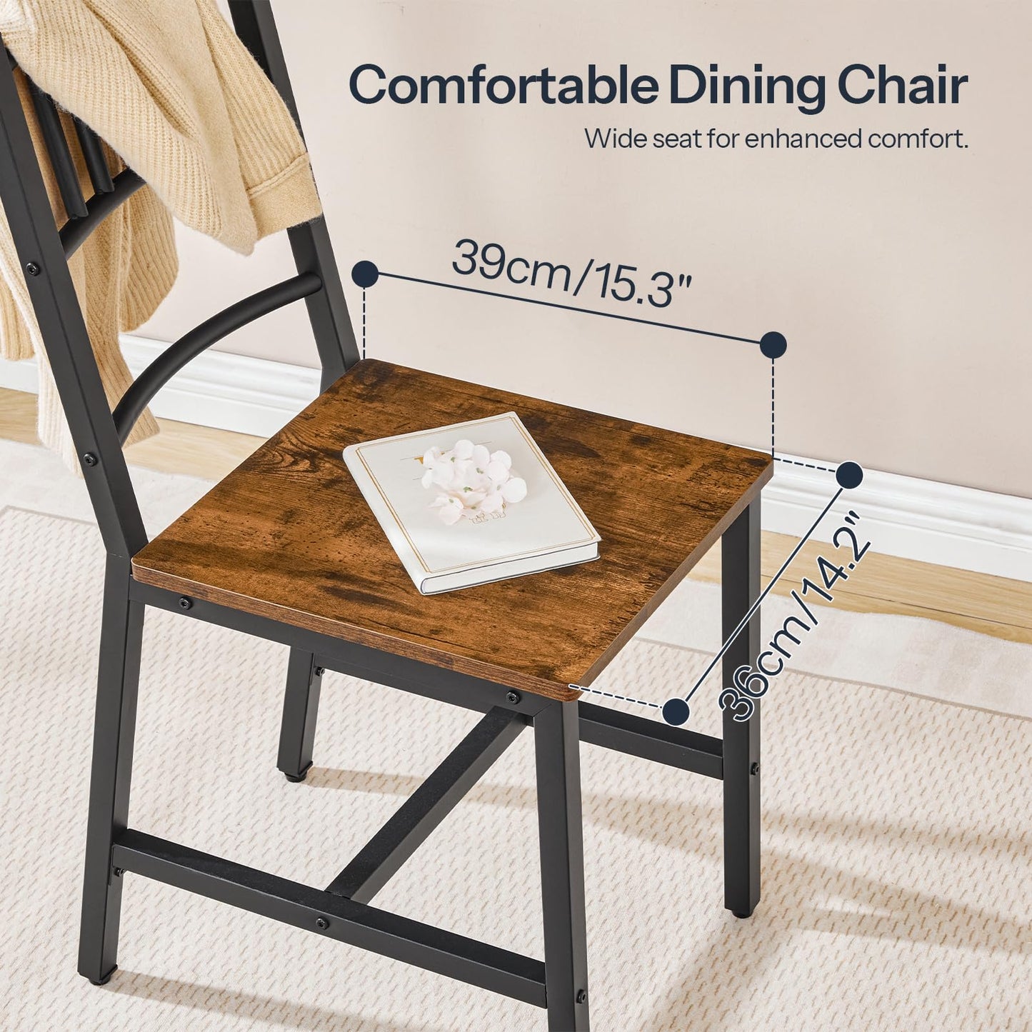 HOOBRO Dining Chairs Set of 2, Wooden Kitchen Chairs with Metal Frame, Industrial Dining Chairs with Back, Easy to Assemble, Farmhouse Dining Chairs for Living Room, Rustic Brown and Black BF39CD01