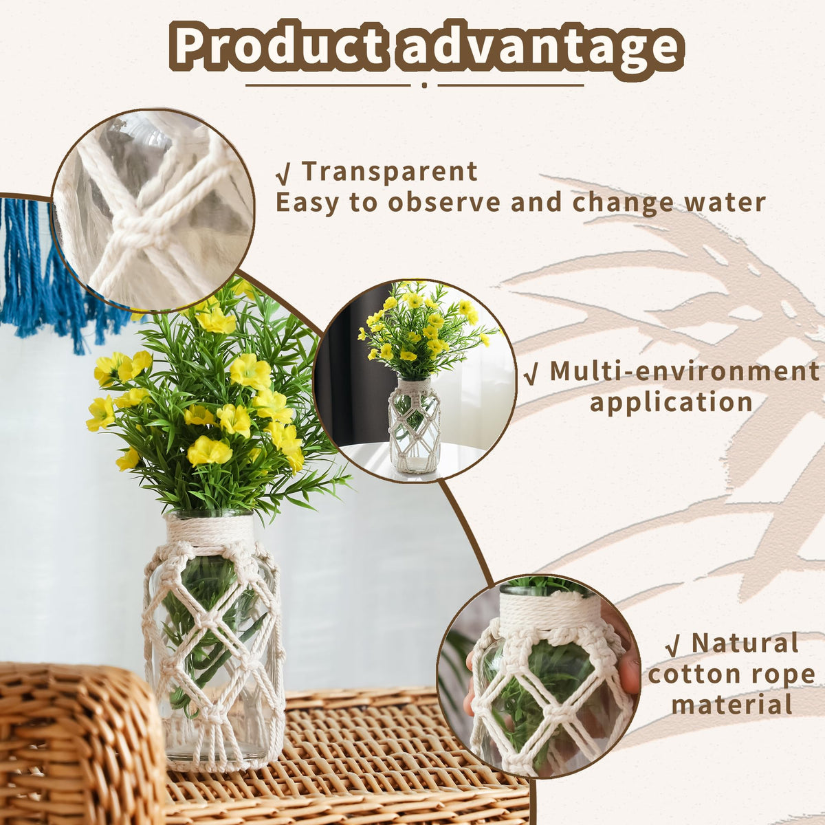 Flower Vases with Cotton Rope Cover Woven Glass Vase Decorative Flower Bottle for Dining Room/Bedroom/Bathroom/Mantel (Cotton)