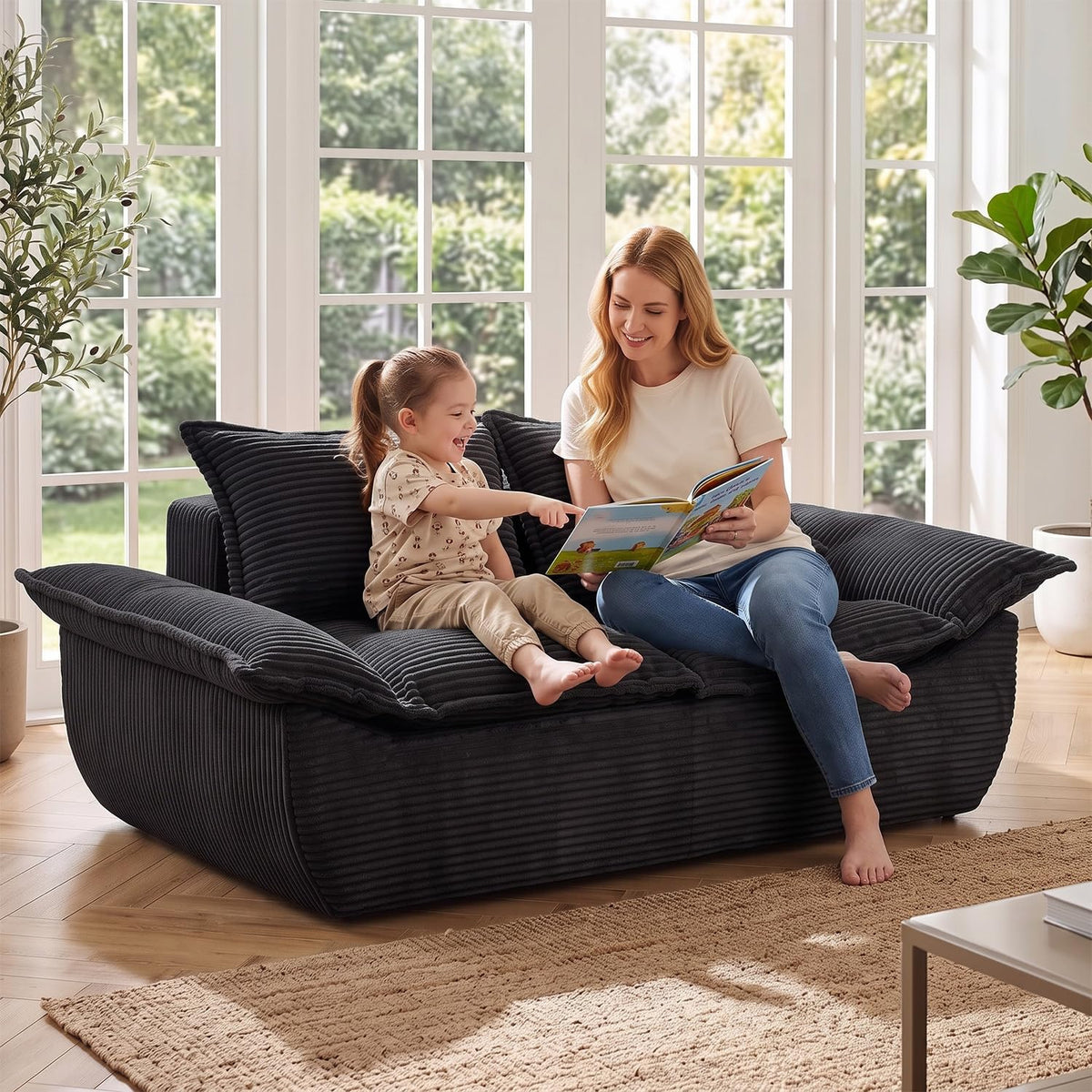 AOLVDOW 56" Boneless Loveseat, 2-Seater Black Boneless Sofa with Removable Cushions & 2 Pillows, Small Mini Couch Boneless Foam Sofa for Living Room, Apartments, & Office