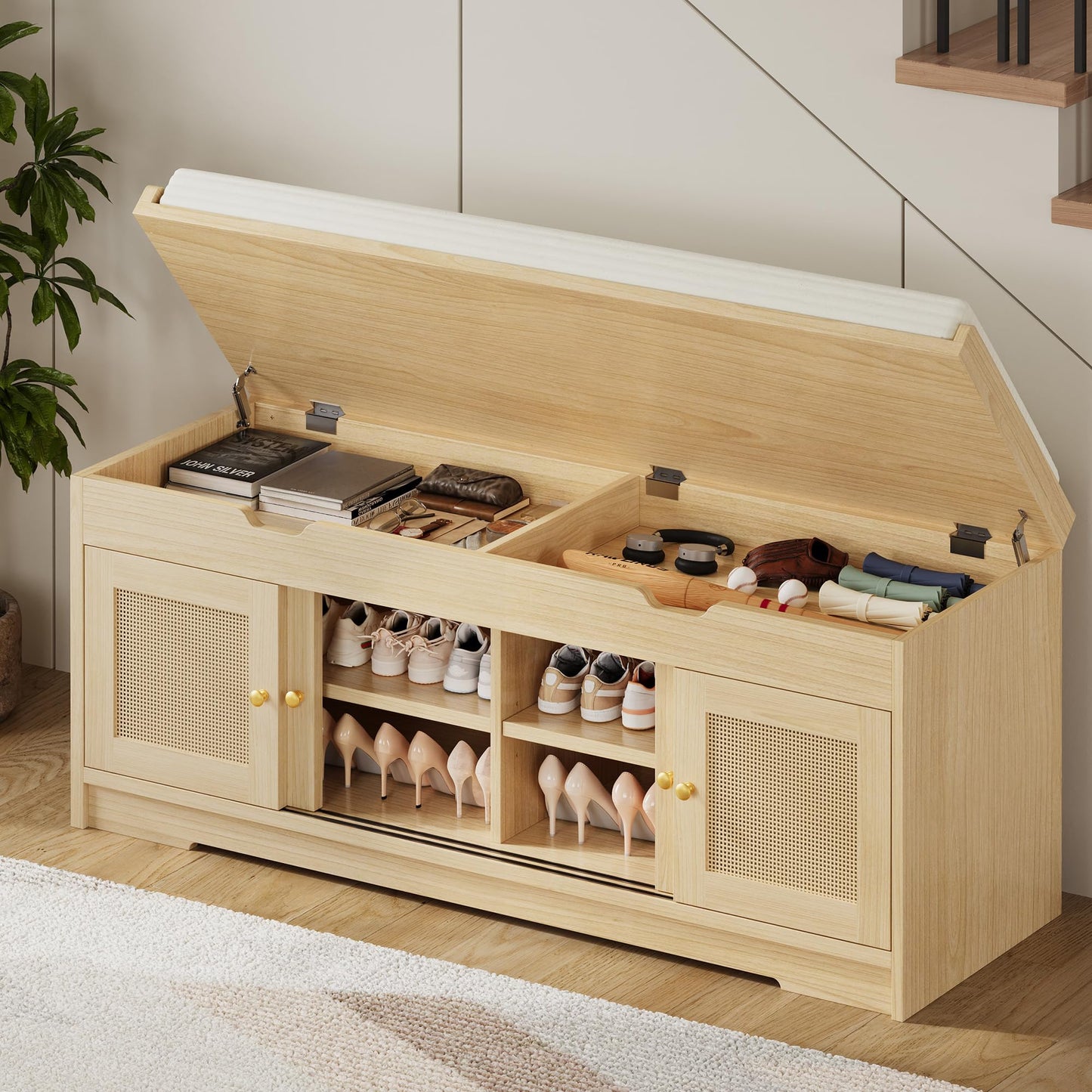 LIKIMIO 47.2" Shoe Bench with Lift Top Storage, Entryway Bench with Cushioned Seat, 2-Tier Rattan Shoe Cabinet with Adjustable Shelf, Storage Bench for Bedroom, Living Room, Hallway, Natural