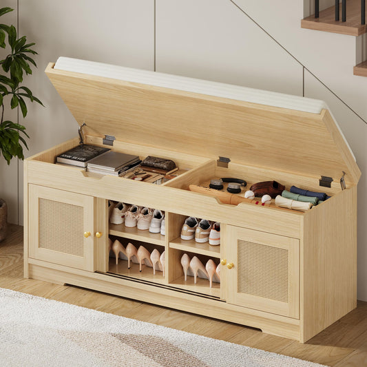 LIKIMIO 47.2" Shoe Bench with Lift Top Storage, Entryway Bench with Cushioned Seat, 2-Tier Rattan Shoe Cabinet with Adjustable Shelf, Storage Bench for Bedroom, Living Room, Hallway, Natural