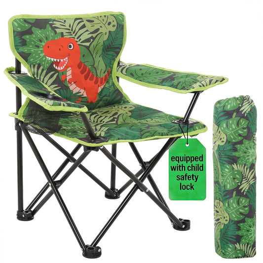 Huskfirm Padded Kids Camping Chair Folding Toddler Chair with Cup Holder & Safety Lock Portable Kids Beach Chair Ages 3-6 for Outdoor Camping Foldable Kids Chair Support 120lbs,Green Dinosaur