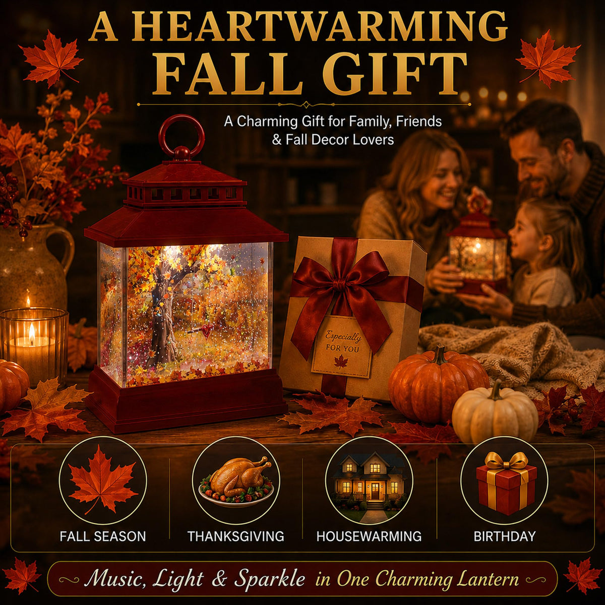 Fall Snow Globe Lantern, Musical Glitter, 6 Hour Timer, Autumn Home Decor
