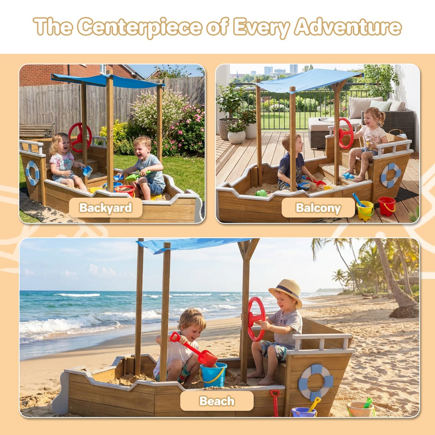 Wooden Kids Sandbox, Ship-Shape Sand Box Toy Box with Bench Seat & Hidden Storage Space, Outdoor Playset, Sand Box Sensory Table for Kids Ages 3-8