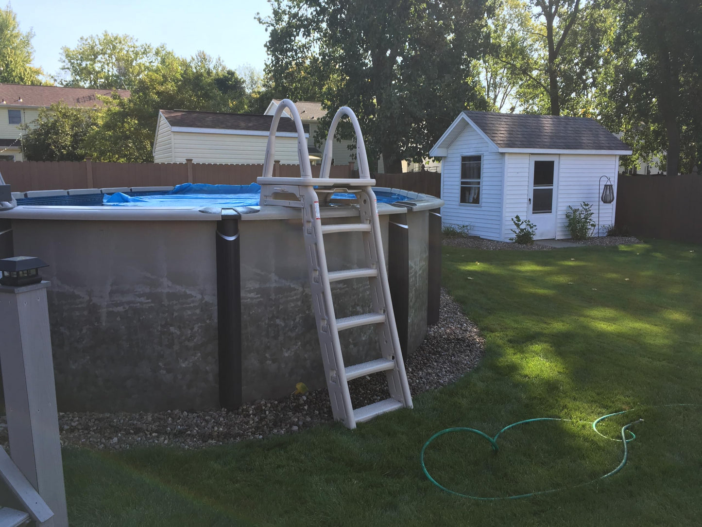 Confer Plastics 7200 Roll Guard fits Above-Ground Pool Heights from 48" to 56" A Frame Safety Ladder for Above Ground Outdoor Patio Swimming Pool Platform Ladder with Step Barrier Warm Grey