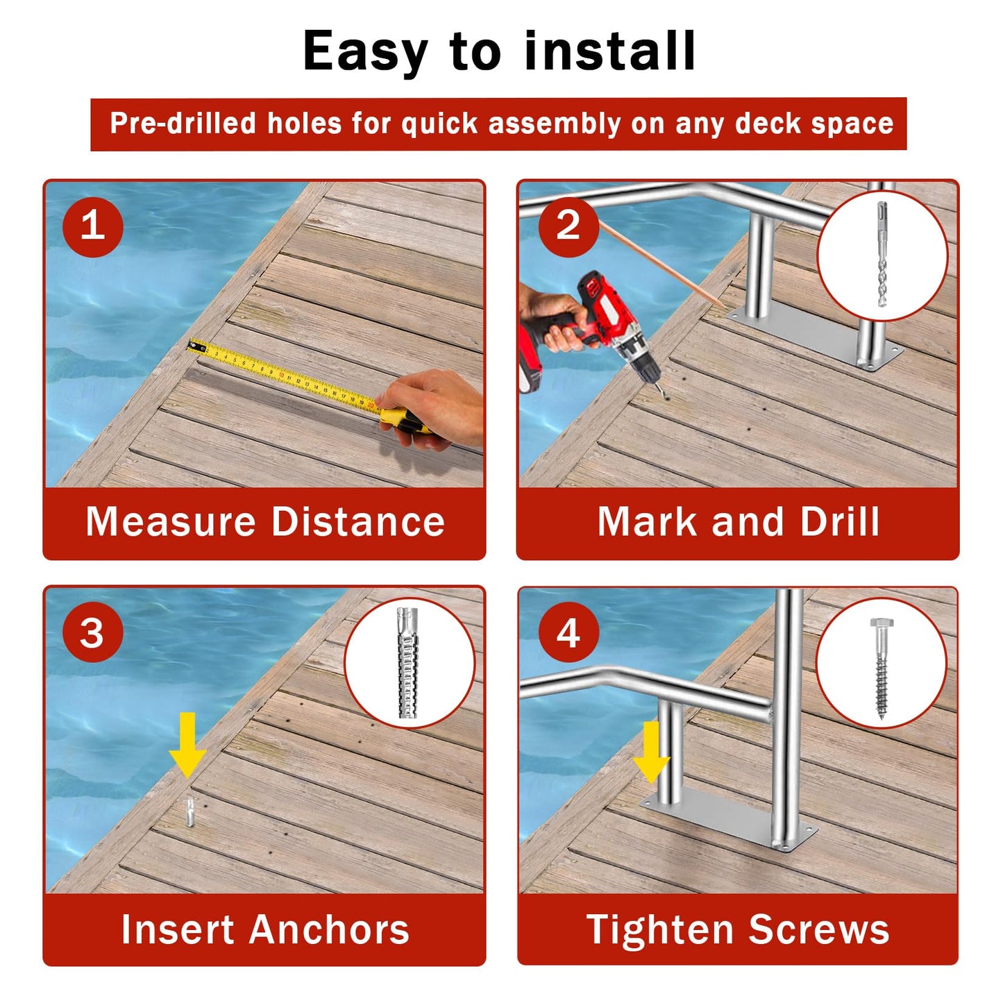 Pool Handrail, 54 in x36 in Pool Railings for Inground Pools, Swimming Pool Safety Handrails 375 LBS Load Capacity, 304 Stainless Steel Pool Stair Rail with Grip Cover, Quick Mount Base Plate