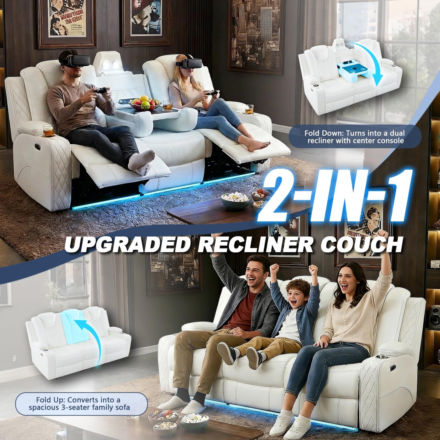 SweetGO Home Theater Seating with USB/Wireless Charging, Power Reclining Sofa wall Hugger with 20 Colors Ambient Light, Movie Theater Couch for Living Room & RV