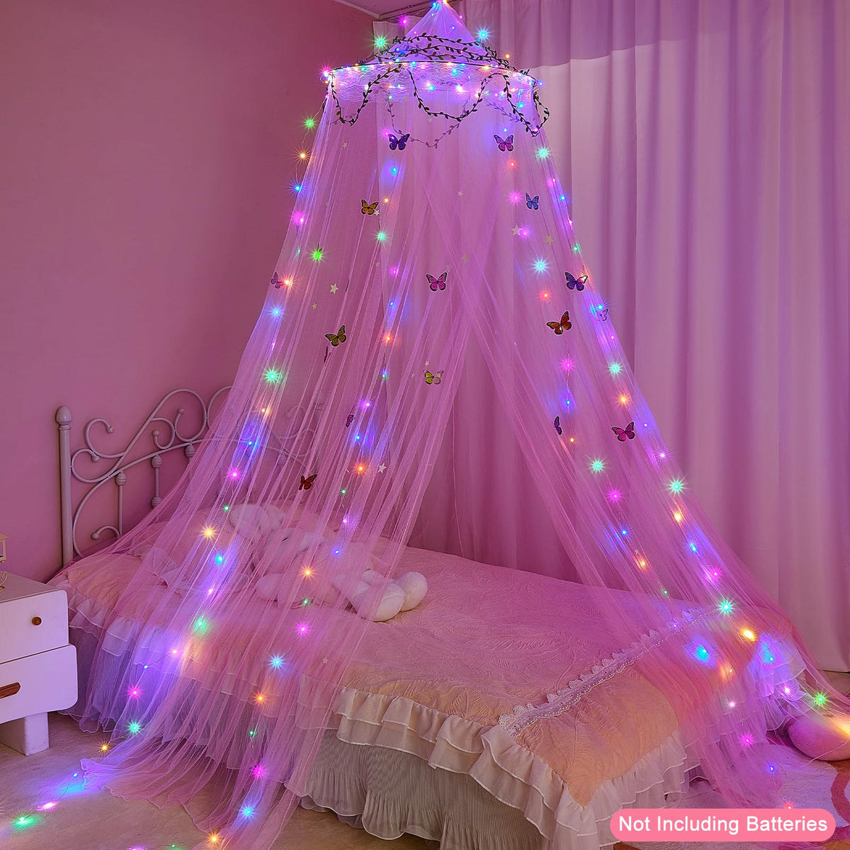 FIOBEE Bed Canopy for Girls Room with LED Light Kids Toddler Bedroom Decor