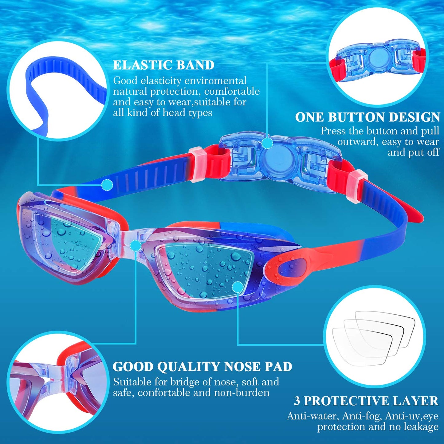 COOLOO Kids Swim Goggles, 2 Packs Swimming Goggles for Kids Girls Boys and Child Age 4-16