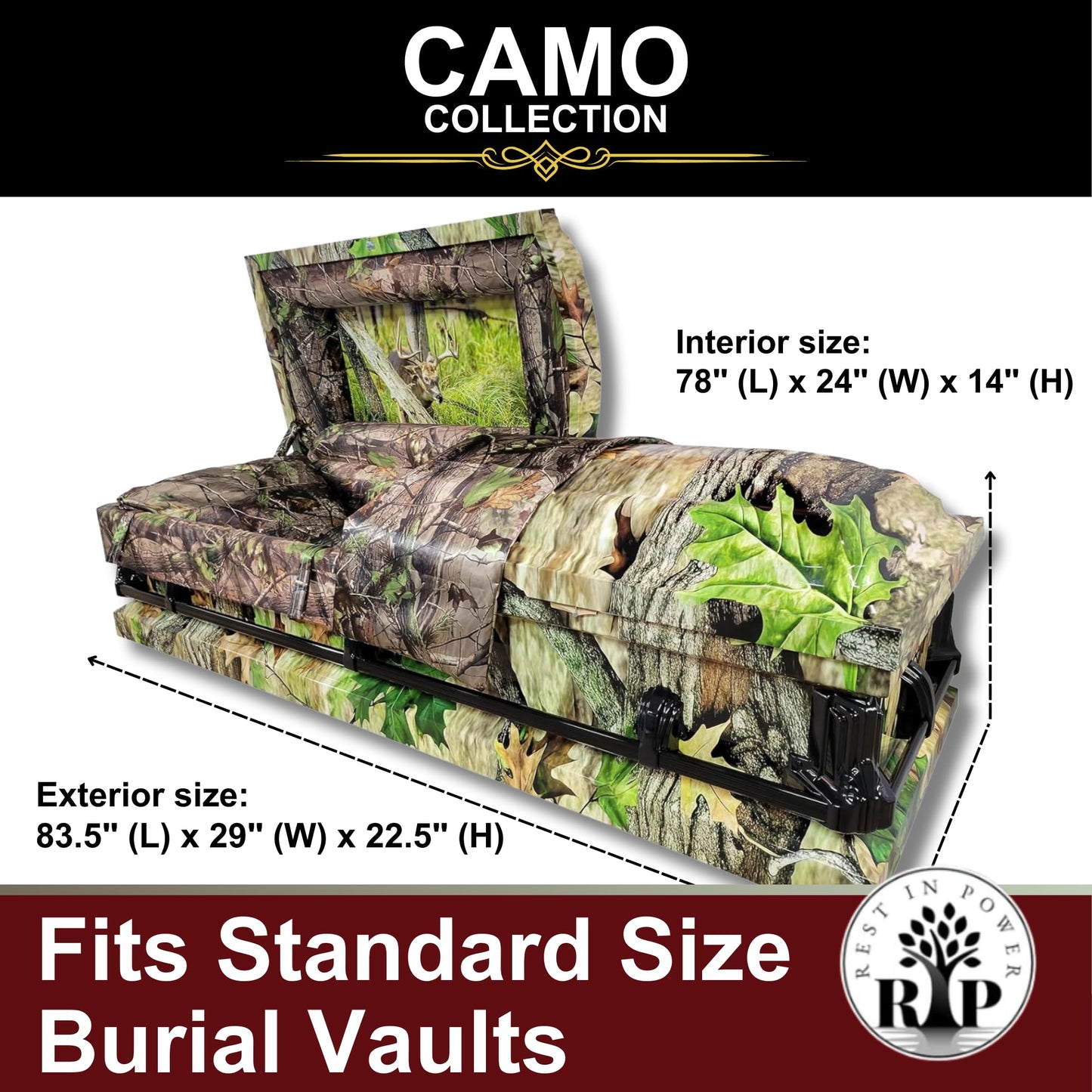 Rest In Power Premium Camo Burial Casket for Humans – Elegant Caskets and Burial Coffins for Adults with Lush Comfort Plus Interior (Green)