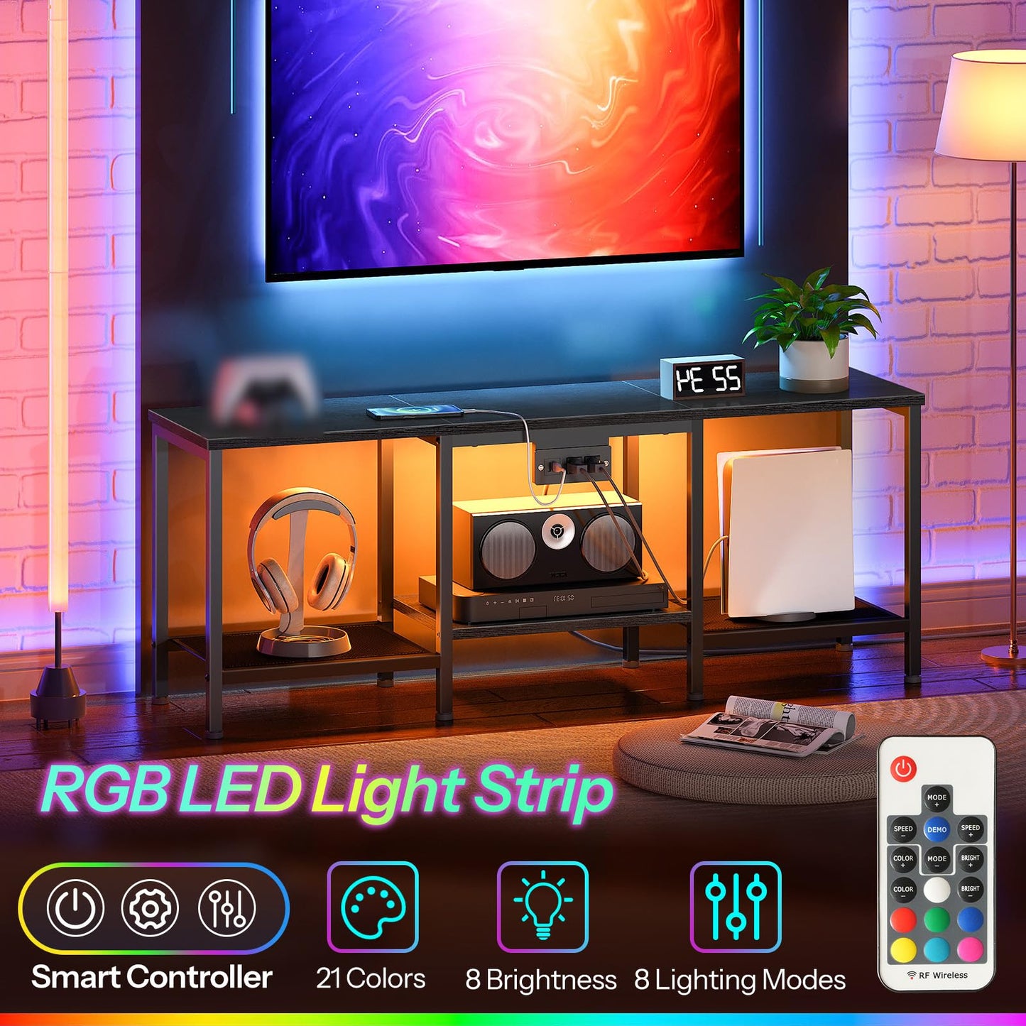 HOOBRO TV Stand with Charging Station to 55 Inches, LED Entertainment Center, Media TV Console Table with Open Storage Shelving for Living Room, Bedroom, Black BB122UDDS01