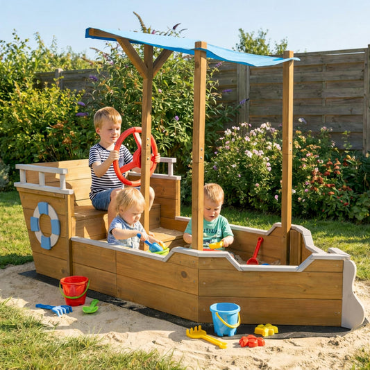 Wooden Kids Sandbox, Ship-Shape Sand Box Toy Box with Bench Seat & Hidden Storage Space, Outdoor Playset, Sand Box Sensory Table for Kids Ages 3-8