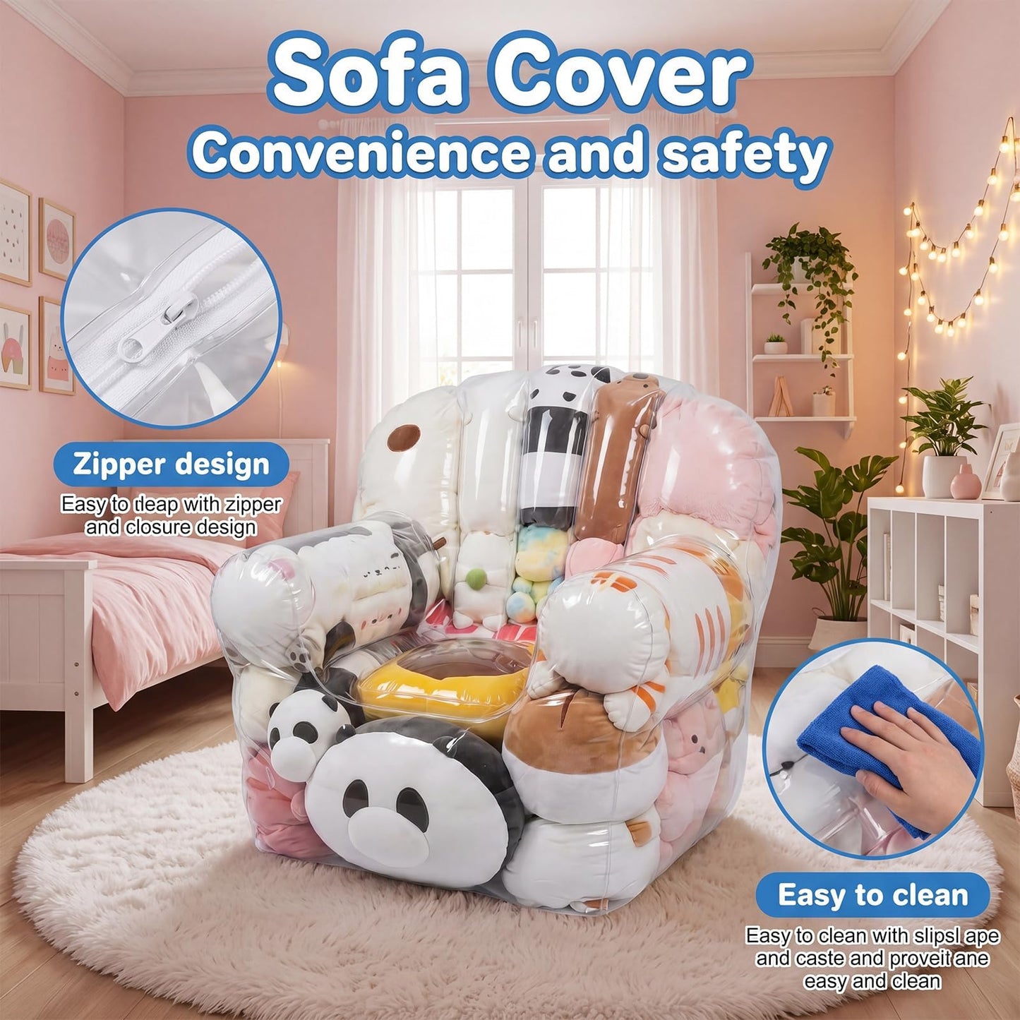 Extra Large Beanbag Chair Cover with Zipper, Clear Stuffed Animal Storage Bean Bag Chair Cover for Kids, PVC Bean Bag Chair Plush Toys Storage & Organizing