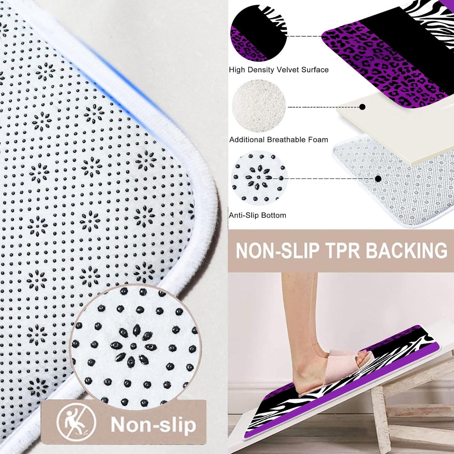 jieprom 4PCS Leopard Print Shower Curtain Set with Rug, Toilet Lid Cover and Bath Mat, Purple Black Splice Shower Curtain with 12 Hooks, Shower Curtain for Bathroom Decor Set
