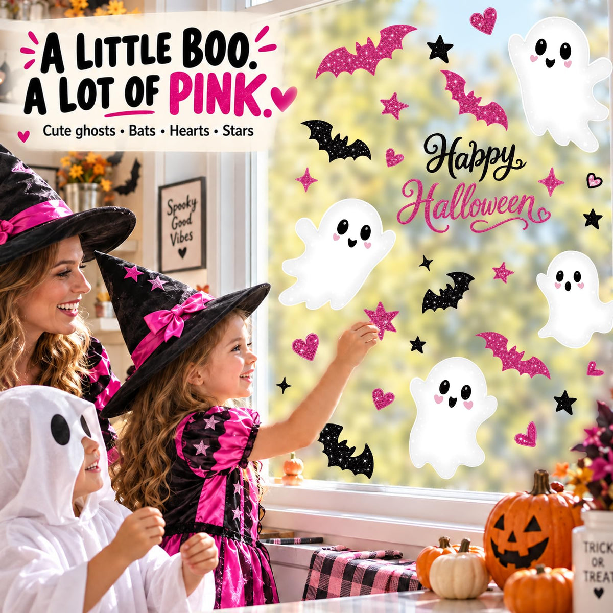 Pink Halloween Window Clings Decor Cute Ghost Stickers Decorations for Kids