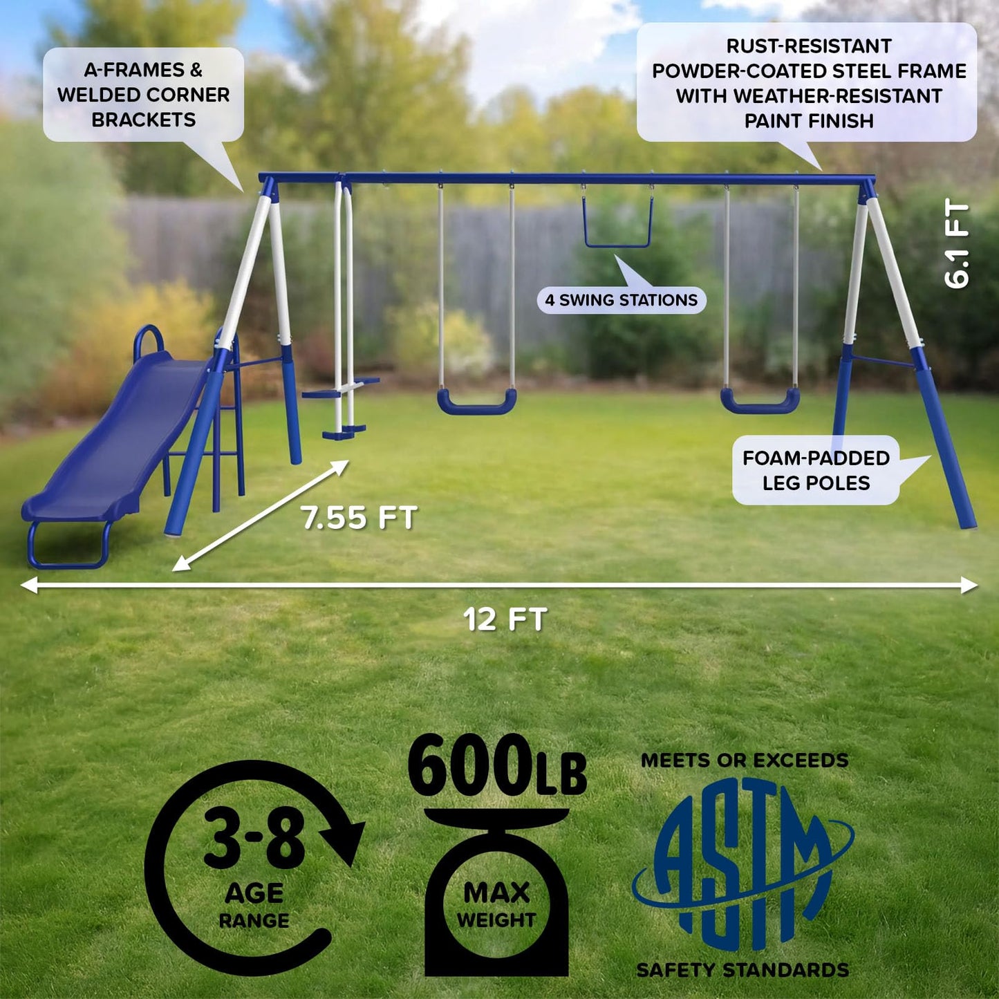 Sportspower Arcadia Metal Swing Set for Kids – Trapeze, 2-Person Glider, 5ft Slide, Anchor Kit, 6.1' Durable Steel Frame – Outdoor Backyard Playset with 600 lb Capacity