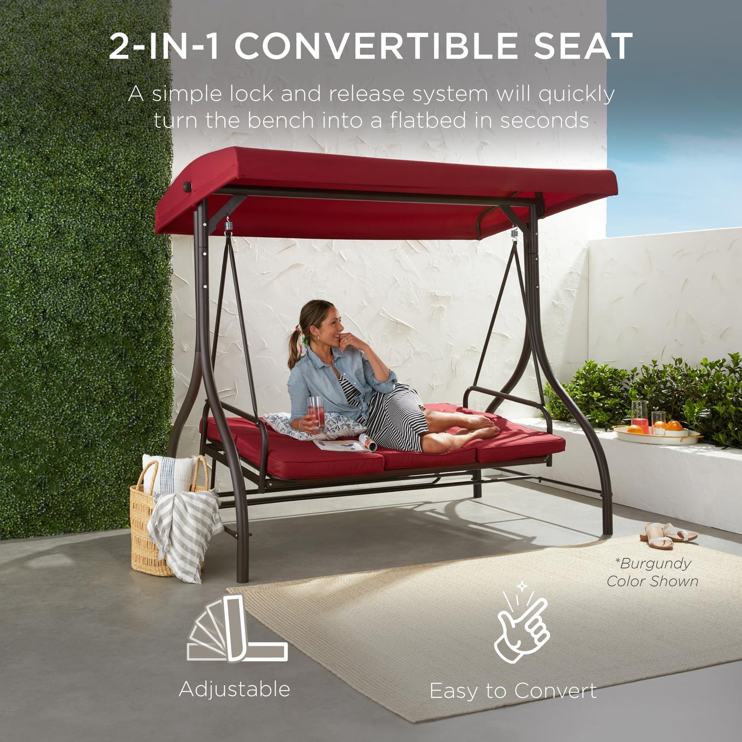 Best Choice Products 3-Seat Outdoor Large Converting Canopy Swing Glider, Patio Hammock Lounge Chair for Porch, Backyard w/Flatbed, Adjustable Shade, Removable Cushions - Brown