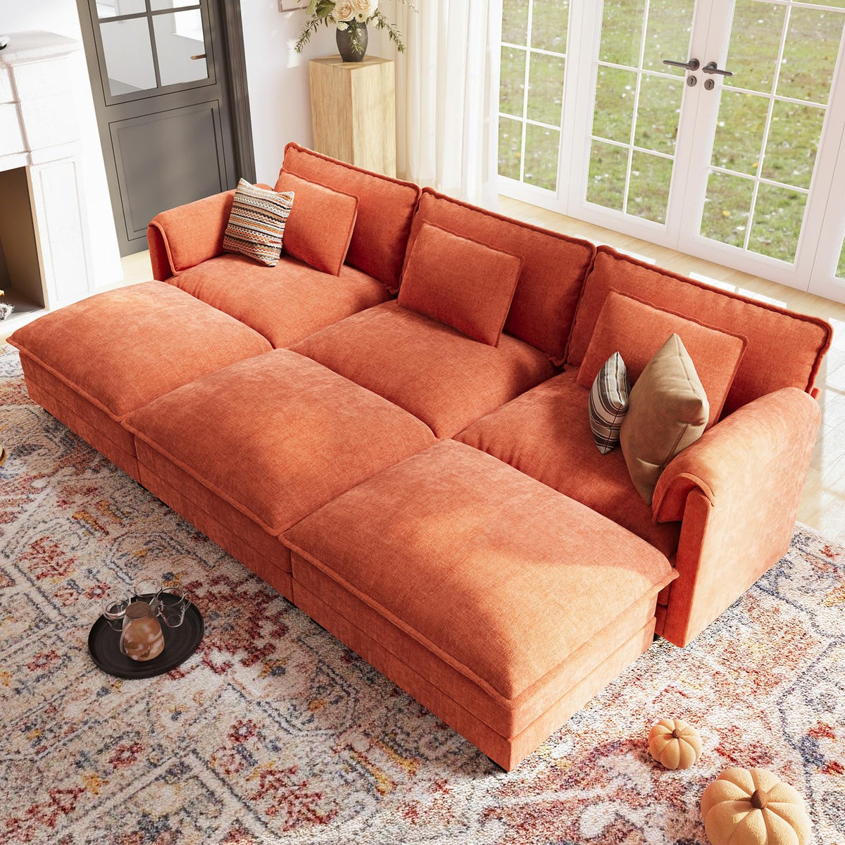 ABCASA 113" Oversized Cloud Couch Modular Sectional Couches for Living Room, Large 6-Seat Deep Seat Sleeper Sofa Bed Modern Sofa with Movable Ottoman and Throw Pillows for Apartment - Chenille Orange