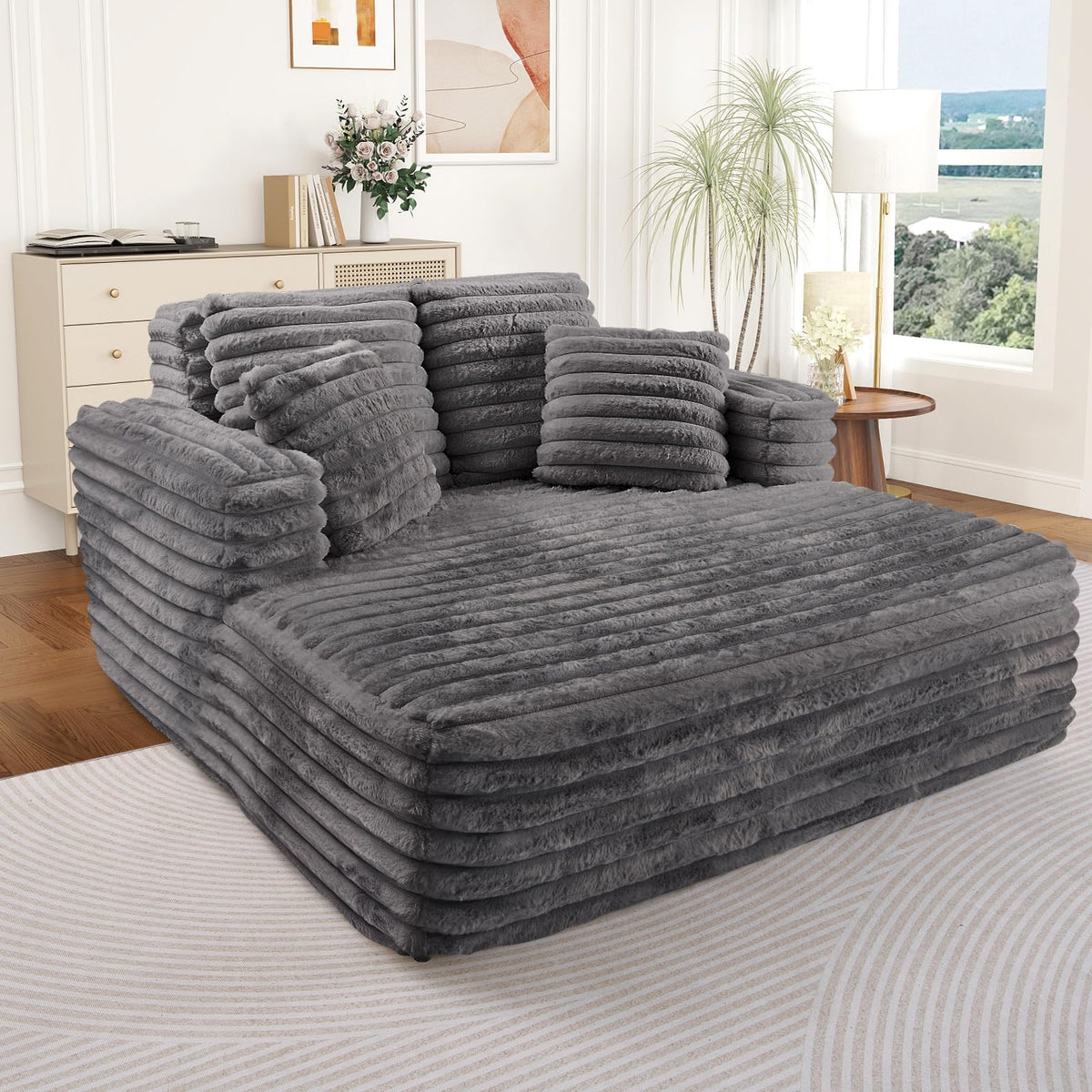 60.75" Oversized Chaise Lounge Indoor, Modern Plush Faux Fur Fabric Deep Seat Boneless Memory Foam Sleeper Chaise Lounge Sofa Chair with Pillows for Living Room Bedroom Studio, No Assembly Couch, Grey