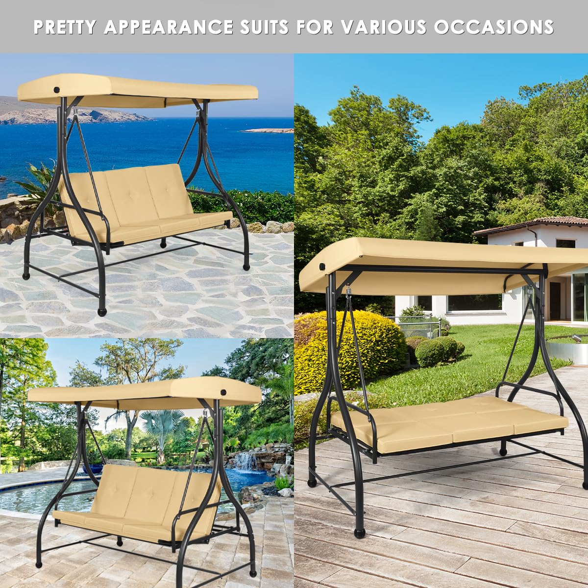 Tangkula 3 Seats Converting Patio Swing, Outdoor Porch Garden Canopy Swing with Comfortable Cushion Seats & Adjustable Tilt Canopy, Heavy Duty Hammock 3 Persons Porch Swing (Beige)