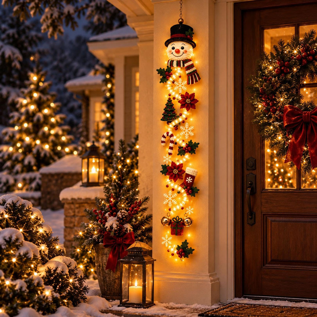 Illuminated Snowman Christmas Door Hanger, Warm Led Lighted 3D Dimensional Holiday Hanging Decor, for Front Door, Porch Column, Wall, Window & Covered Outdoor Entryway，A