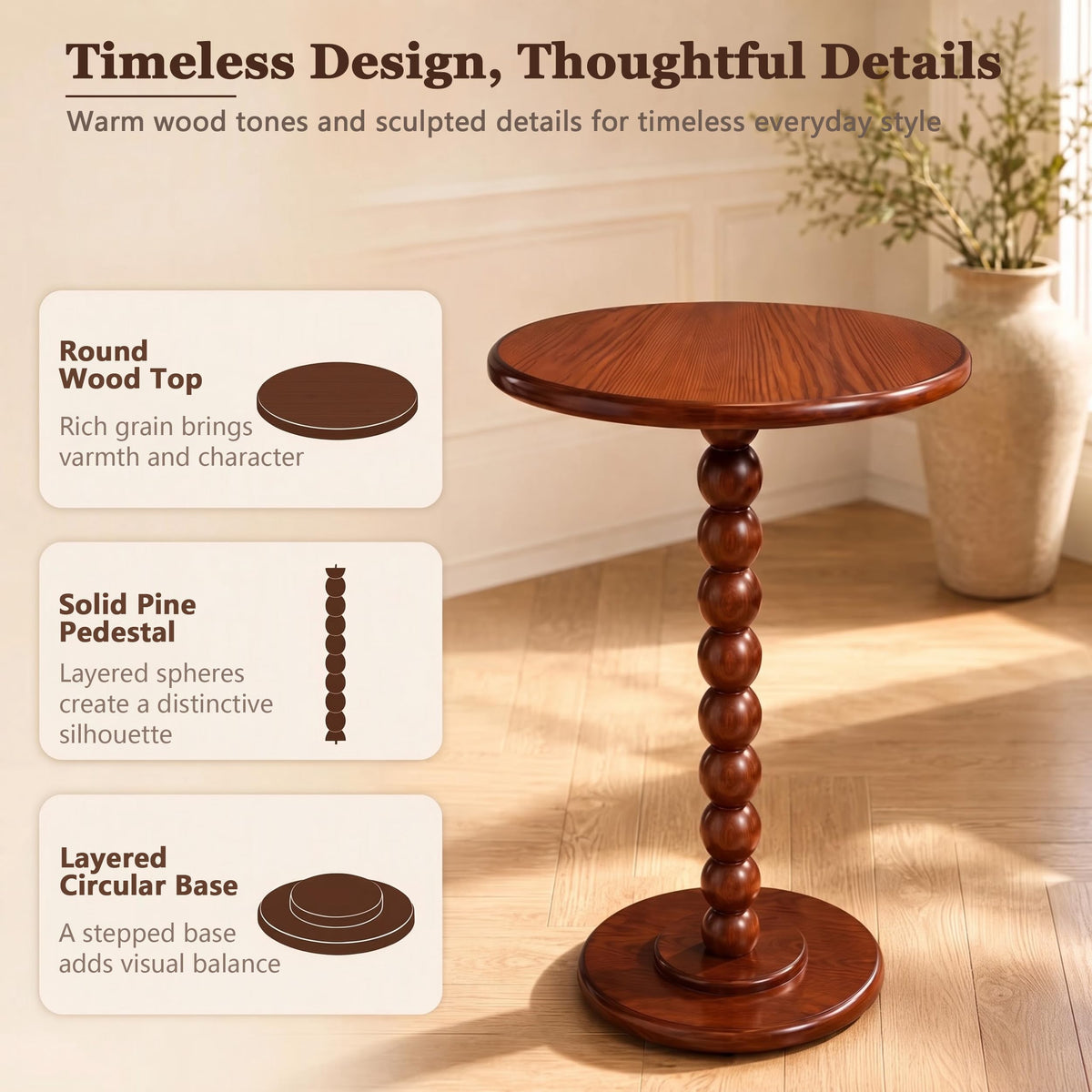 Sonderzone Solid Wood Pedestal Side Table, 16" Round End Table, Walnut