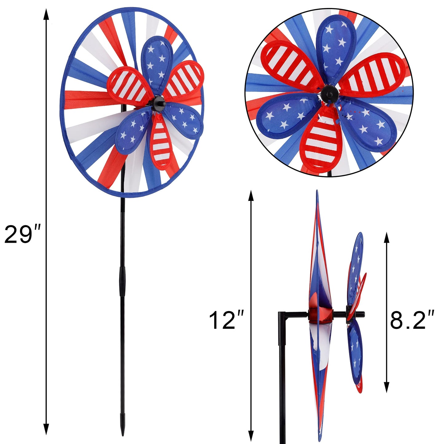 winemana 3 Pack Patriotic Pinwheel for Independence Day, 4th of July Decor Double Spinner Wheel, American Flag Red White Blue Star Décor Outdoor Yard Patio Garden Lawn (12" x 29")