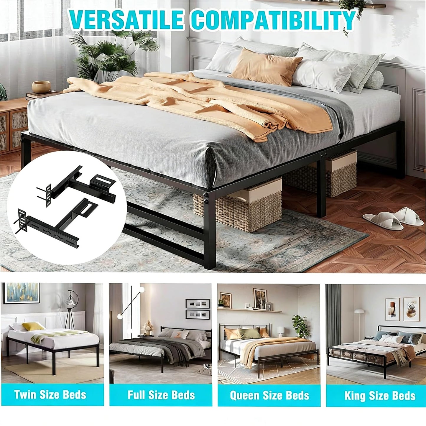 Headboard Brackets for Bed Frame, Adjustable Brackets for Headboard, Universal with Footboard Extension Kit, Fit for Queen King Full Size Headboards, Easy Installation, Set of 2