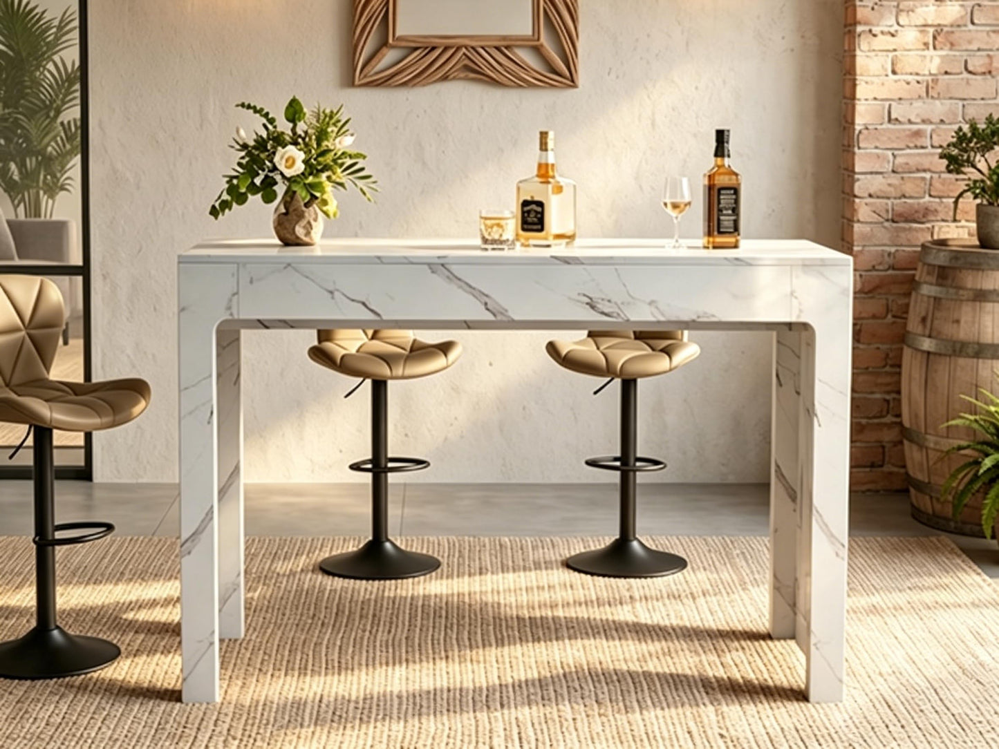 Miereirl 55” Bar Table，Modern Counter Height Pub Table, Long Bar Dining Table with Faux Marble Tabletop，Rectangular Home Bar Unit for 4-6 People, Kitchen, Living Room, Bar, Faux Marble