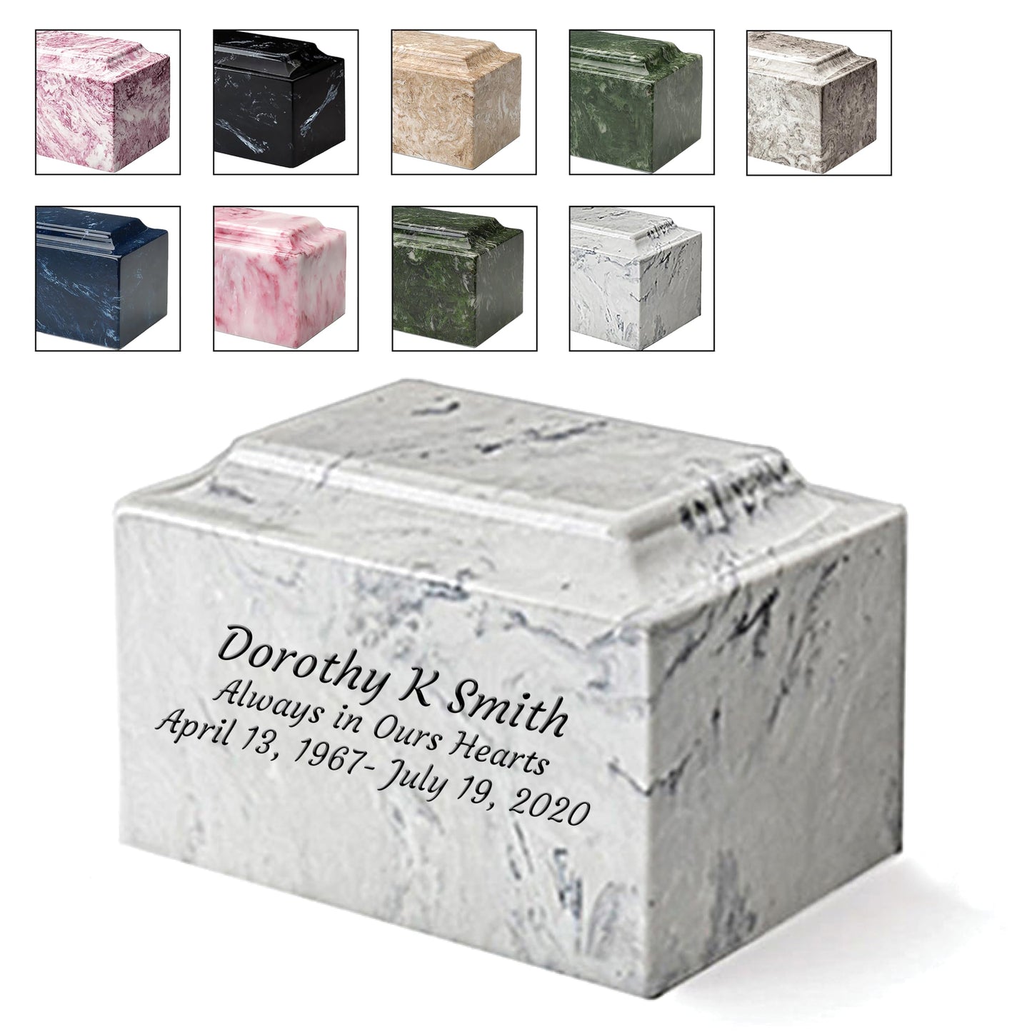Custom Engraved Mackenzie Urn Vault - Up to Three Line of Custom Engraving Included. Six Different Custom Fonts to Choose from. Cultured Marble Adult Full Size urn. Carrera Color