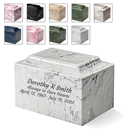 Custom Engraved Mackenzie Urn Vault - Up to Three Line of Custom Engraving Included. Six Different Custom Fonts to Choose from. Cultured Marble Adult Full Size urn. Carrera Color