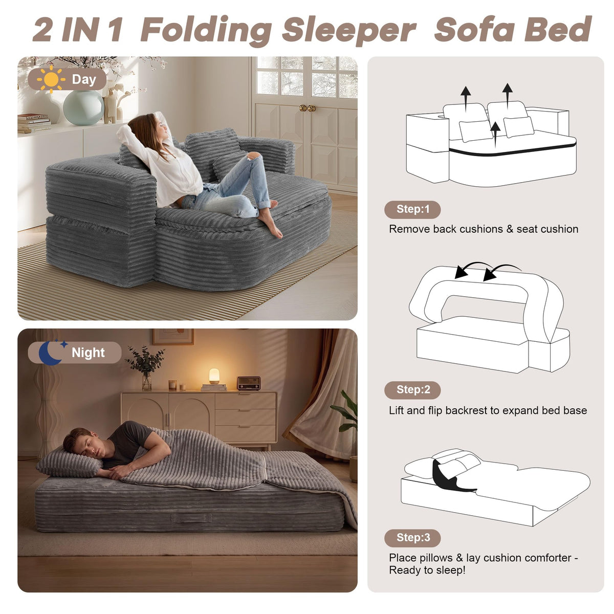 IZLKQC 75'' Folding Sleeper Sofa Bed, Memory Foam Boneless Couch