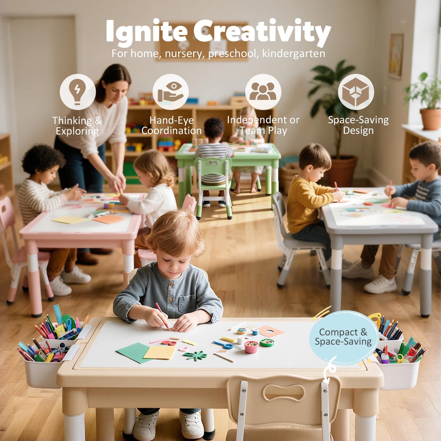 Kids Table and Chairs Set Large Storage, Height Adjustable Toddler Activity Table and 2 Chairs Set, 34.6x24.8" Graffiti/Block Building Desktop, 4 Side Boxes, Kids desk for Home, Preschool, Classroom
