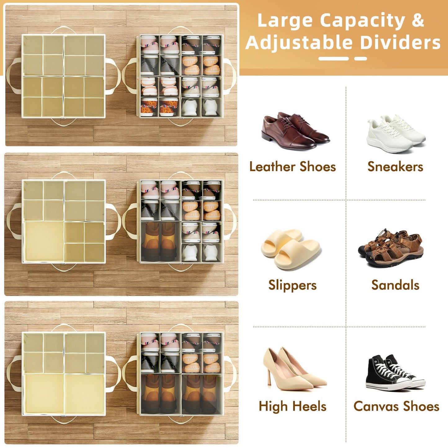 NestOrganix 2 Pack Shoe Organizer for Closet, Large Shoe Box Storage Containers, Foldable Shoe Storage Organizer Box Bin with Adjustable Dividers and Clear Cover, Space Saving Shoes Holder, Beige
