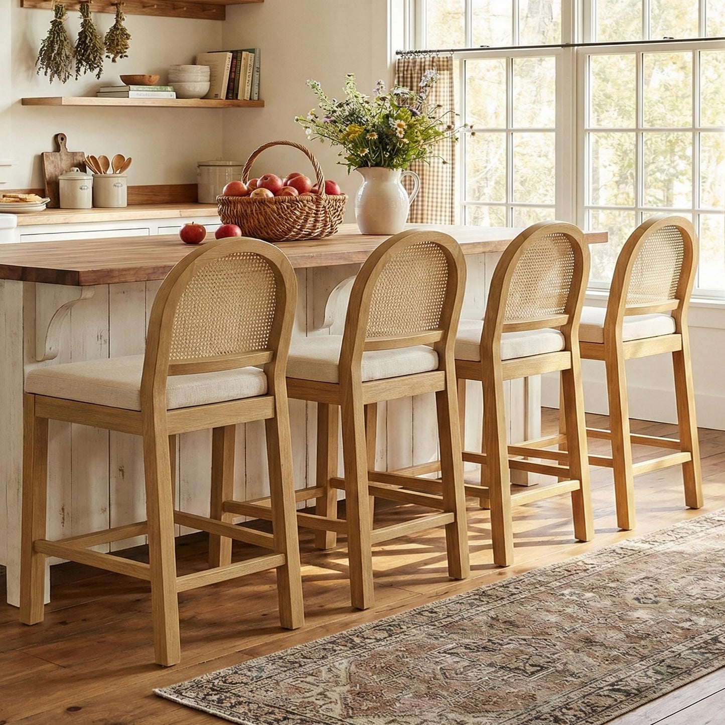 STHOUYN Upholstered Rattan Bar Stools Set of 4, Wooden Counter Height Stools with Natural Rattan Woven Back and Chenille Seat, Mid-Century Modern Island Chairs Barstools for Kitchen (4, Cream White)