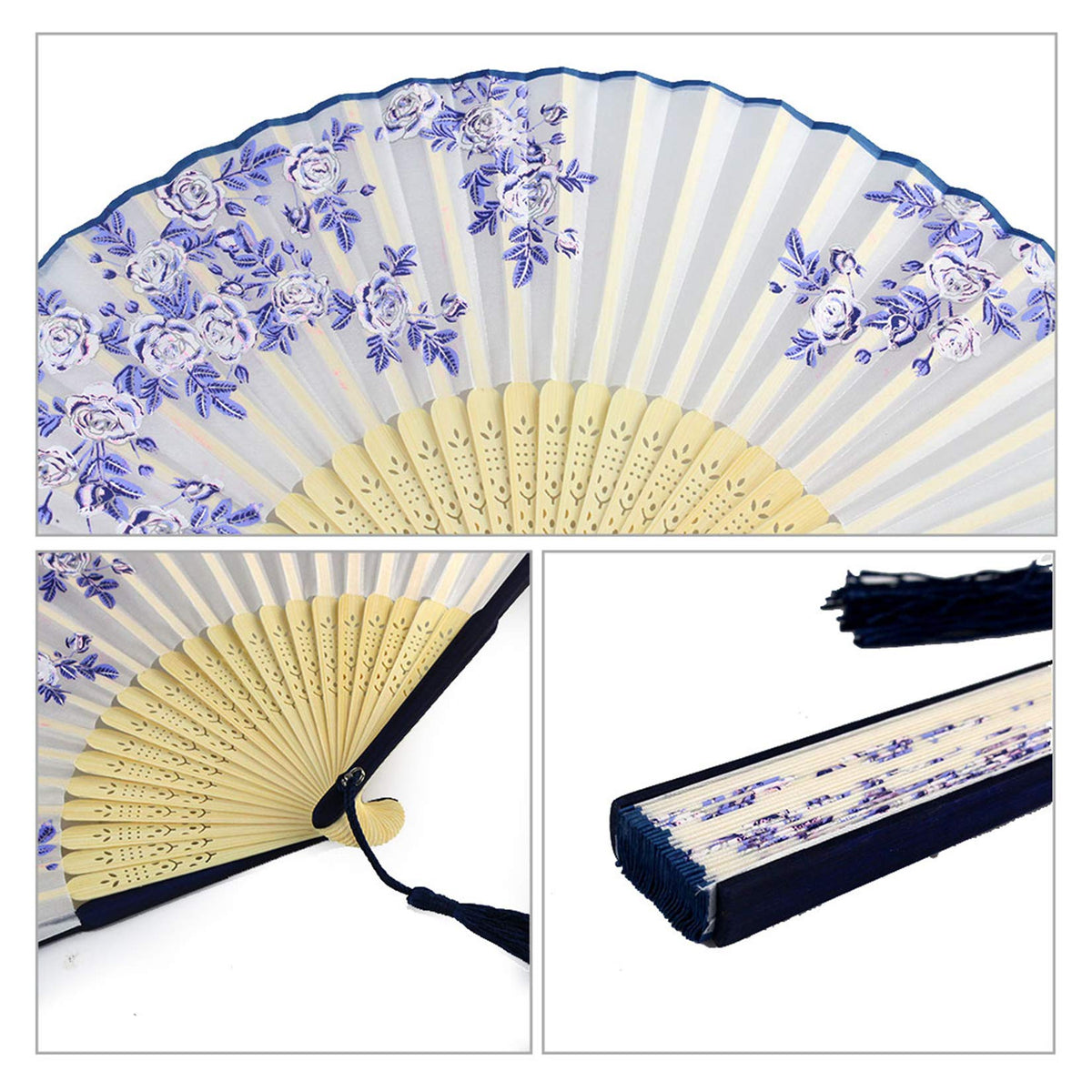 Bantoye 2Pcs Handheld Fans Silk Folding Fans with Bamboo Frames, White Blue