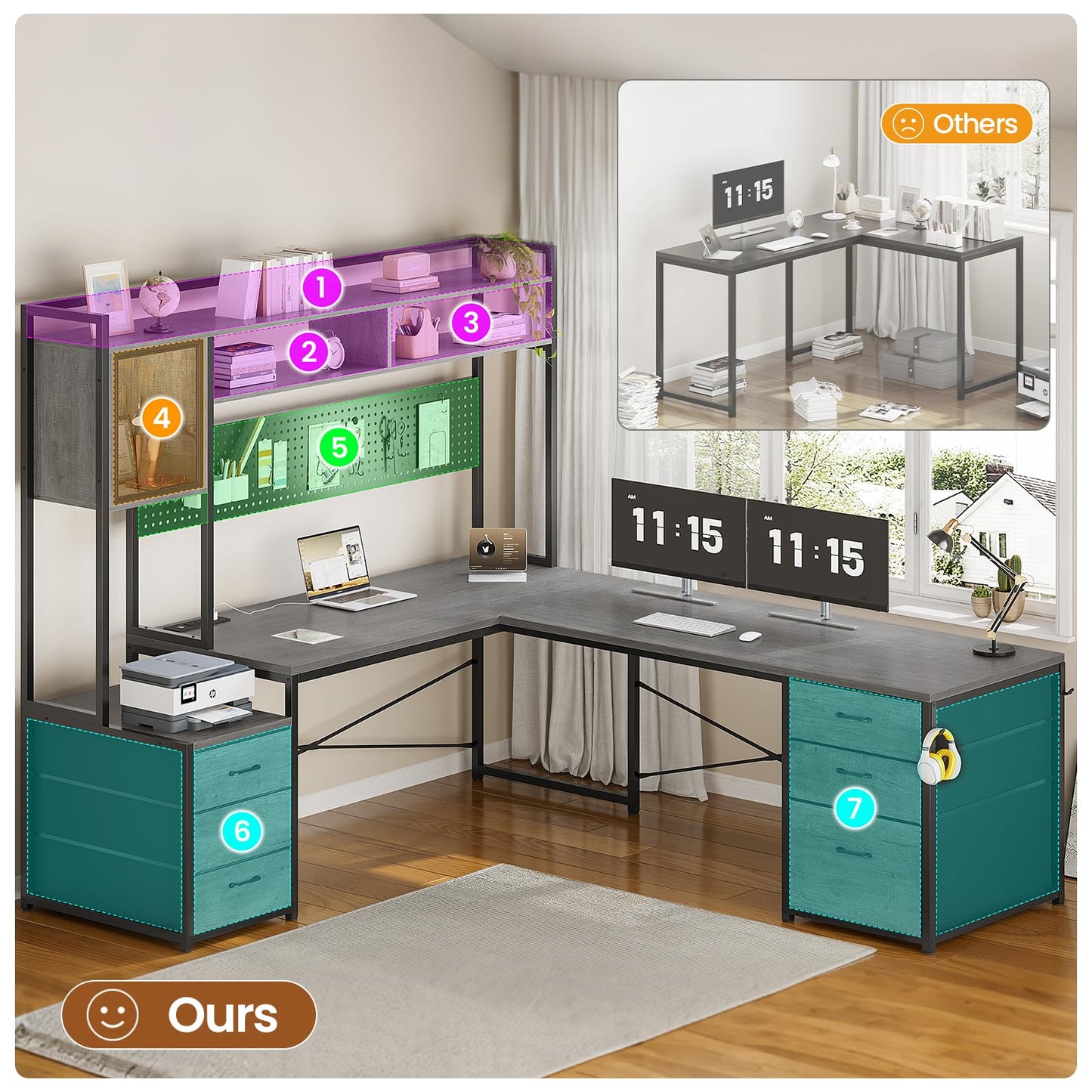 SEDETA Reversible L Shaped Gaming Desk with 6 Drawers, Hutch, Led Lights