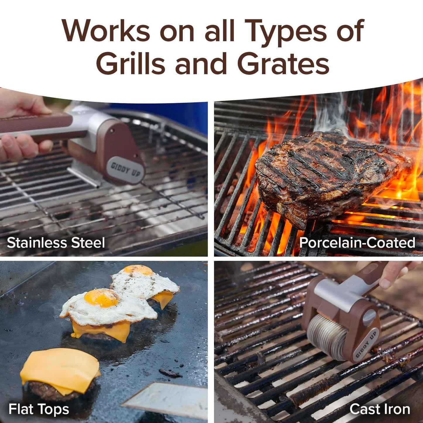 Horsepower Giddy Up GOLD Bristle-Free Spinning Grill Brush w/LED & Longer Run Time, Cordless/Rechargeable, 304 Stainless Steel Power Roller Blasts Away Burnt-On Food, No Bristles No Preheating 350 RPM