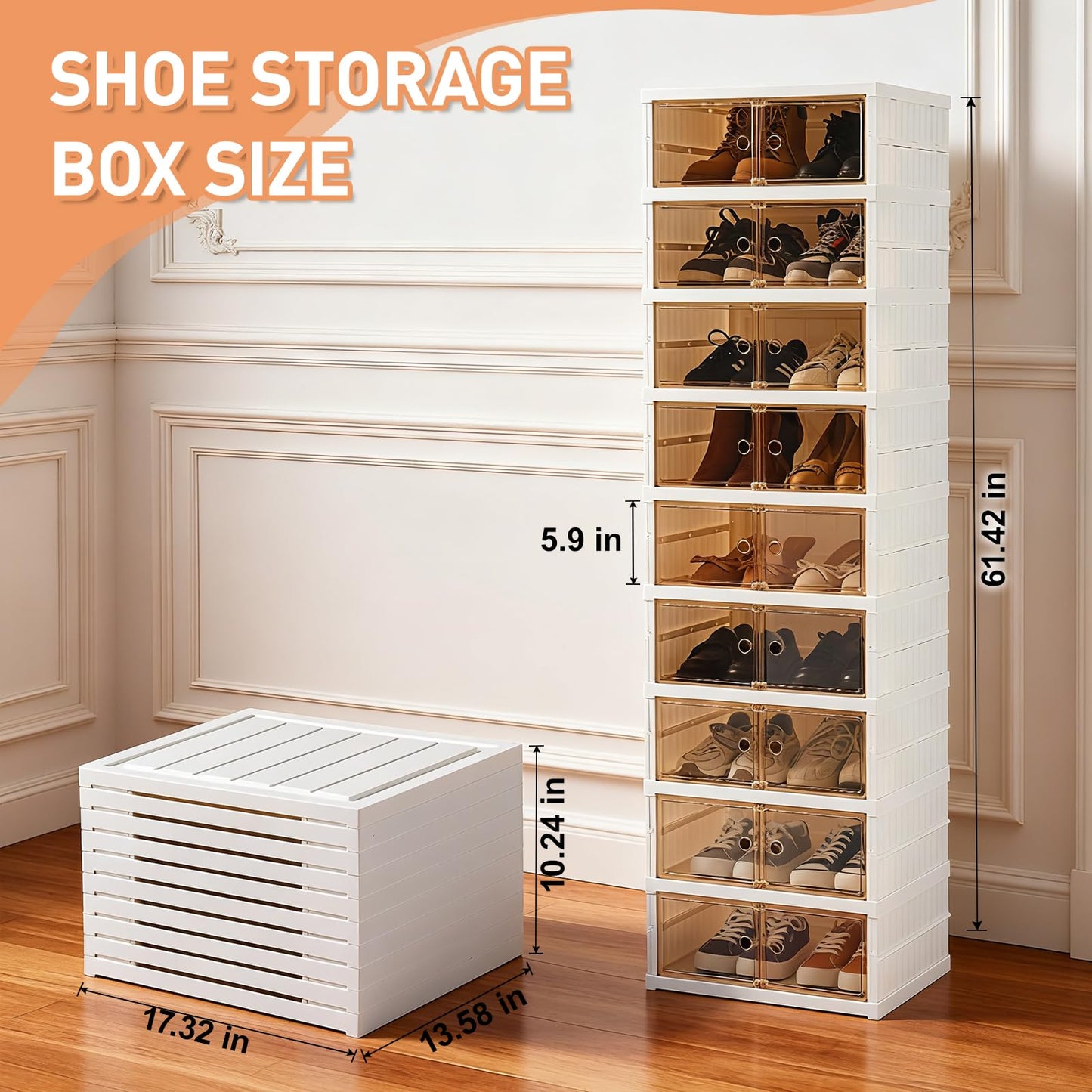 Foldable Shoe Rack Organizer Collapsible Shoe Storage Organizer with Doors, Large Plastic Folding Shoe Rack, Clear Stackable Shoe Boxes Easy Assembly Shoe Cabinet for Entryway (9 Tiers-18 Pairs)
