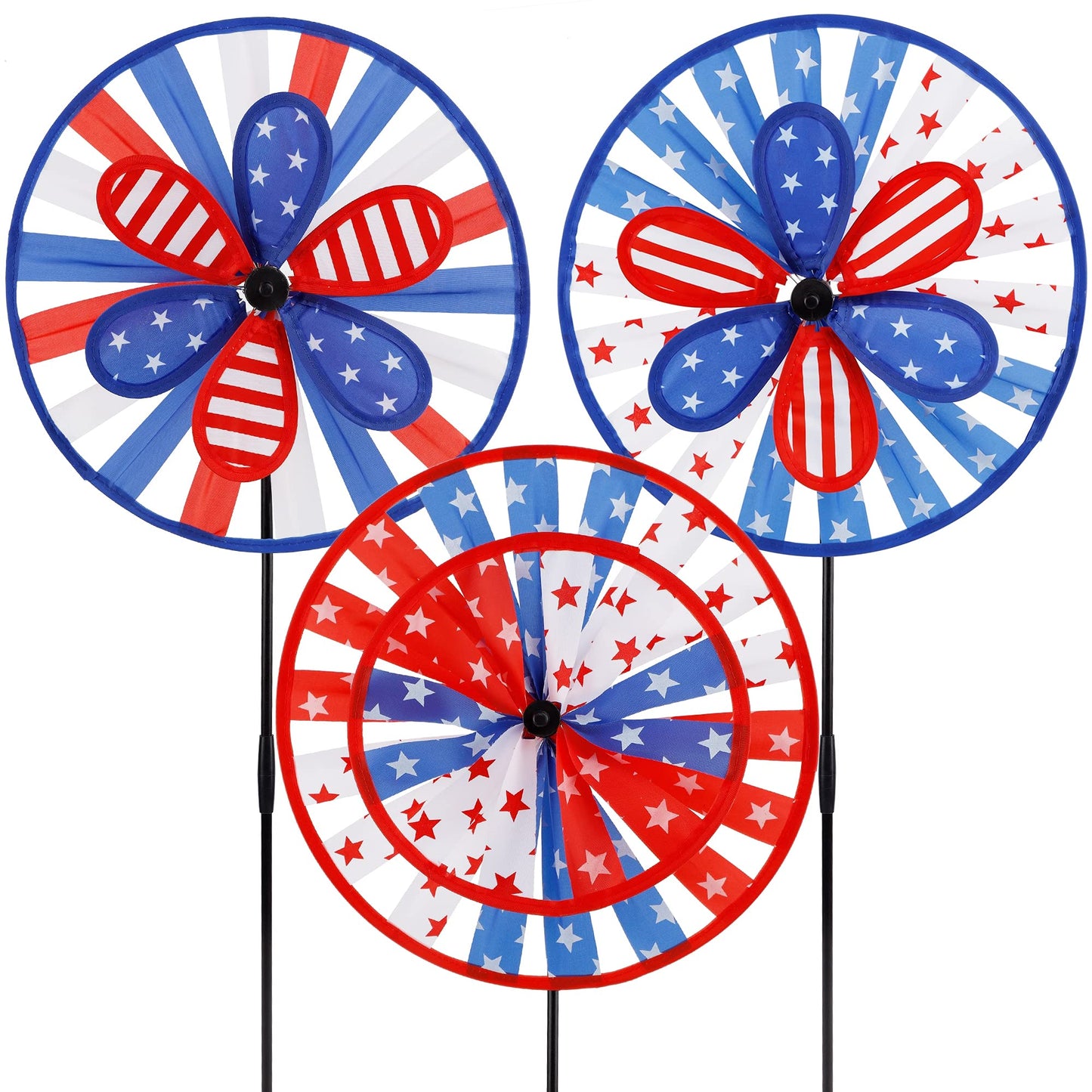 winemana 3 Pack Patriotic Pinwheel for Independence Day, 4th of July Decor Double Spinner Wheel, American Flag Red White Blue Star Décor Outdoor Yard Patio Garden Lawn (12" x 29")