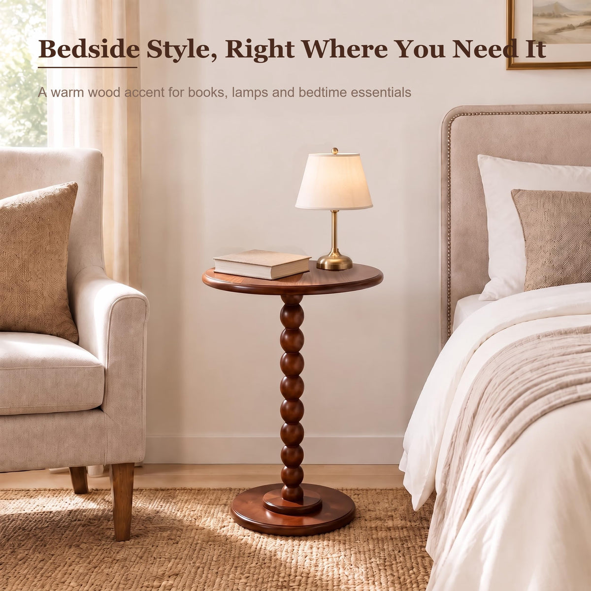 Sonderzone Solid Wood Pedestal Side Table, 16" Round End Table, Walnut