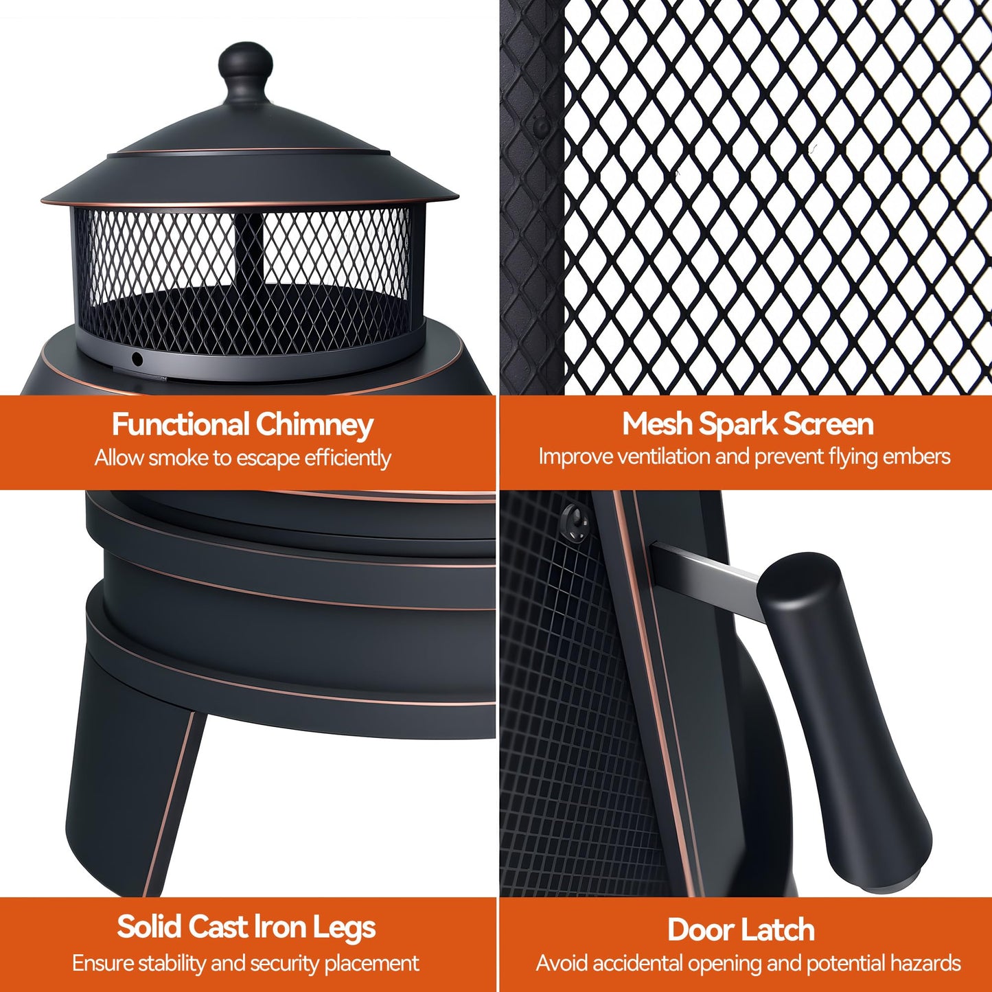 ASJMR Metal Outdoor Fire Pit for Outside Wood Burning，24 Inch Chiminea Outdoor Fireplace with Adjustable Grill Tray, Spark Screen Door & Fire Poker, for Patio, Garden, Backyard