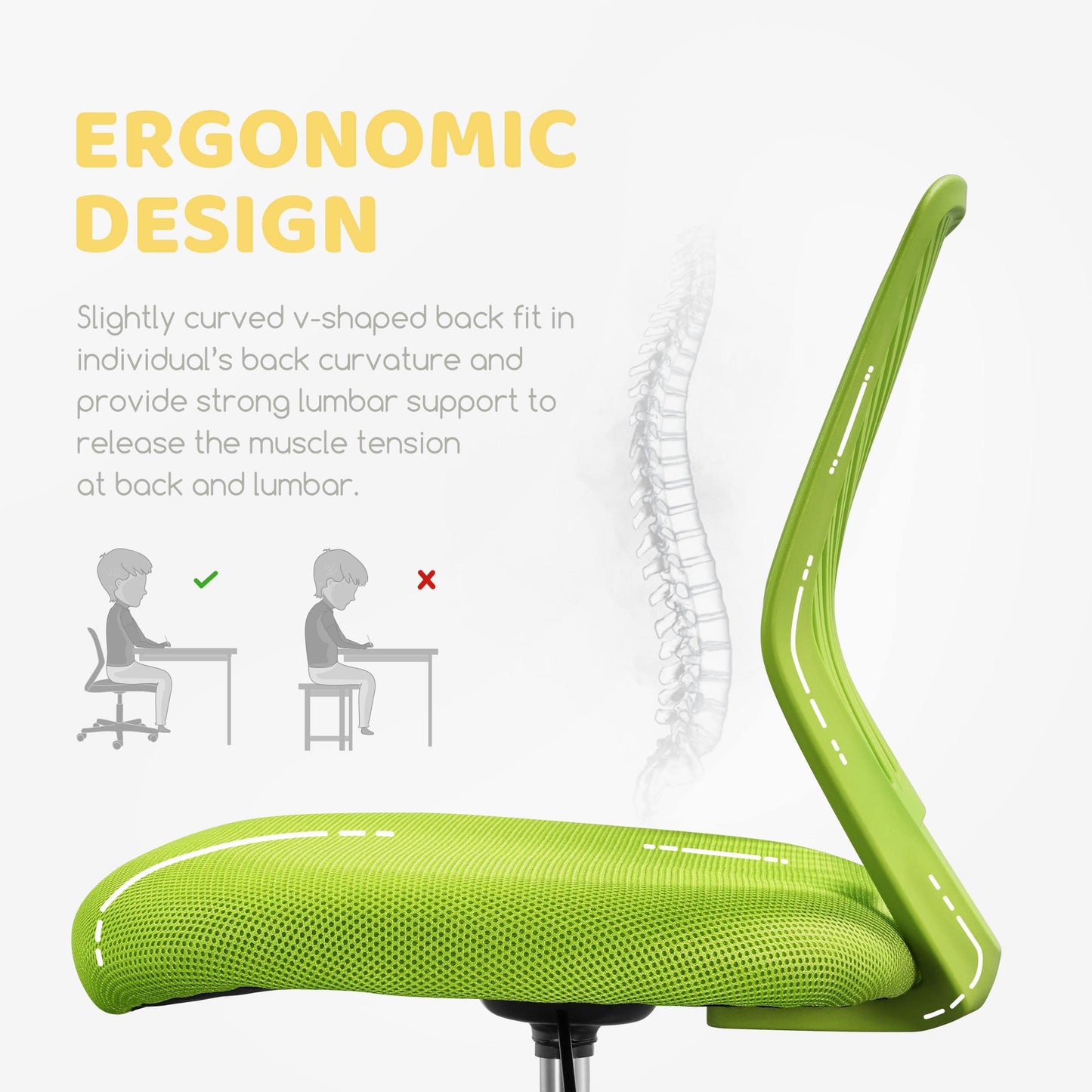 Yaheetech Kids Cute Desk Chair Armless Small Computer Chair with Lumbar Support for Teens Low-Back Bedroom School, Green