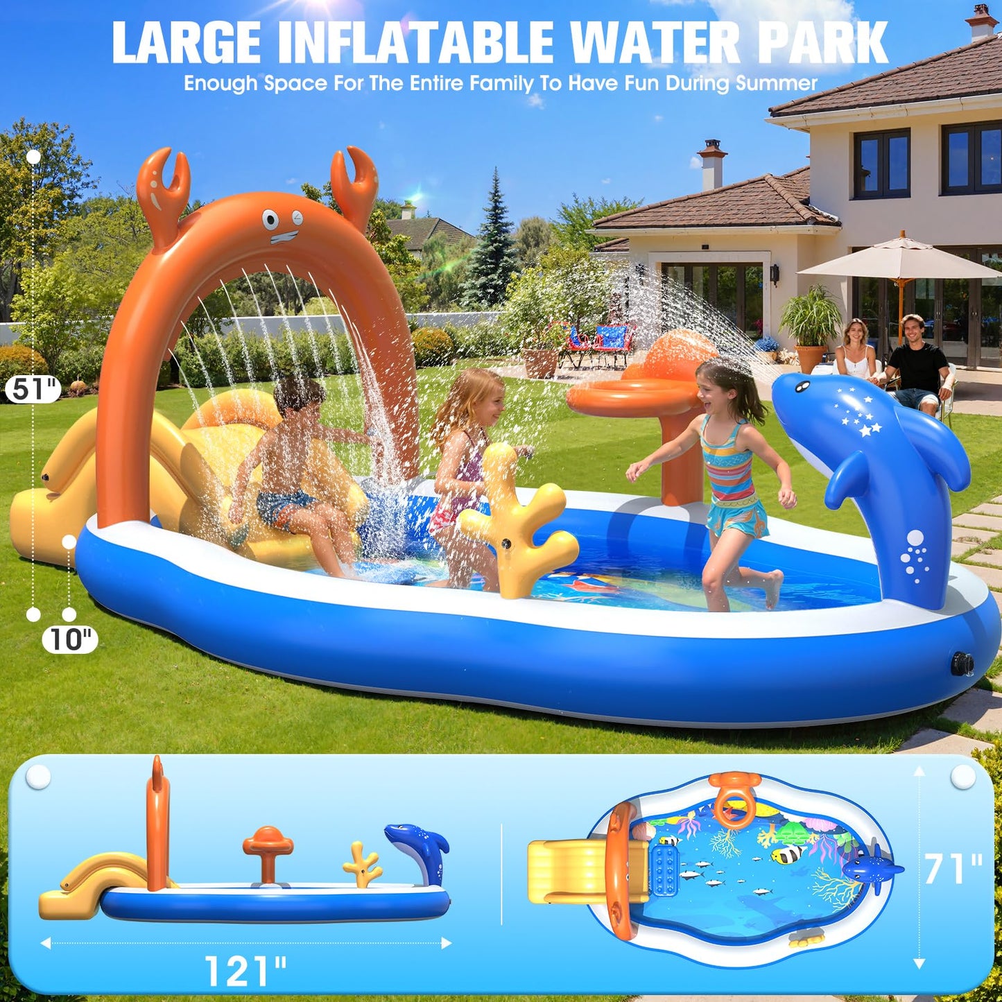 StarOcean 2026 Large Inflatable Play Center,Kiddie Pool with Water Slide&Sprinkler,121''x71"x51''Inflatable Toddler Pool with Slide,BlowUp Water Play for Toldder,Inflatable Water Park for Kid Backyard