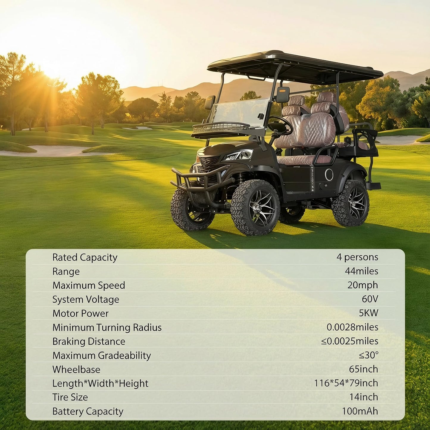 Black 4-Seater Electric Golf Cart with 5KW Motor 20 MPH Top Speed 44 Mile Long Range 60V, Advanced Suspension, Rear & Front Storage, IPS Display, Quick Charging for Recreational, Park, Hotel Shuttle